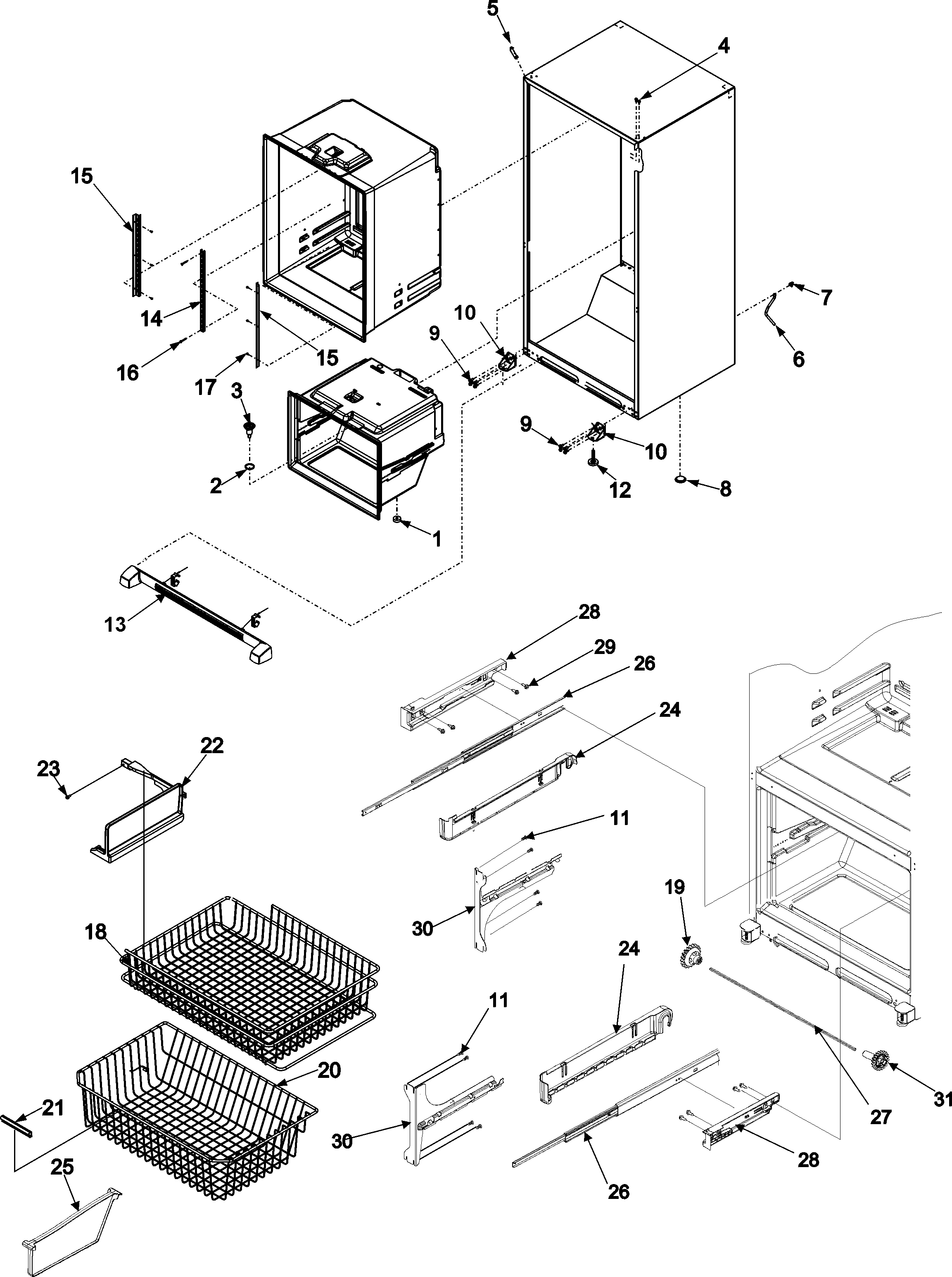 Kenmore 59665332600 interior cabinet & freezer shelving diagram