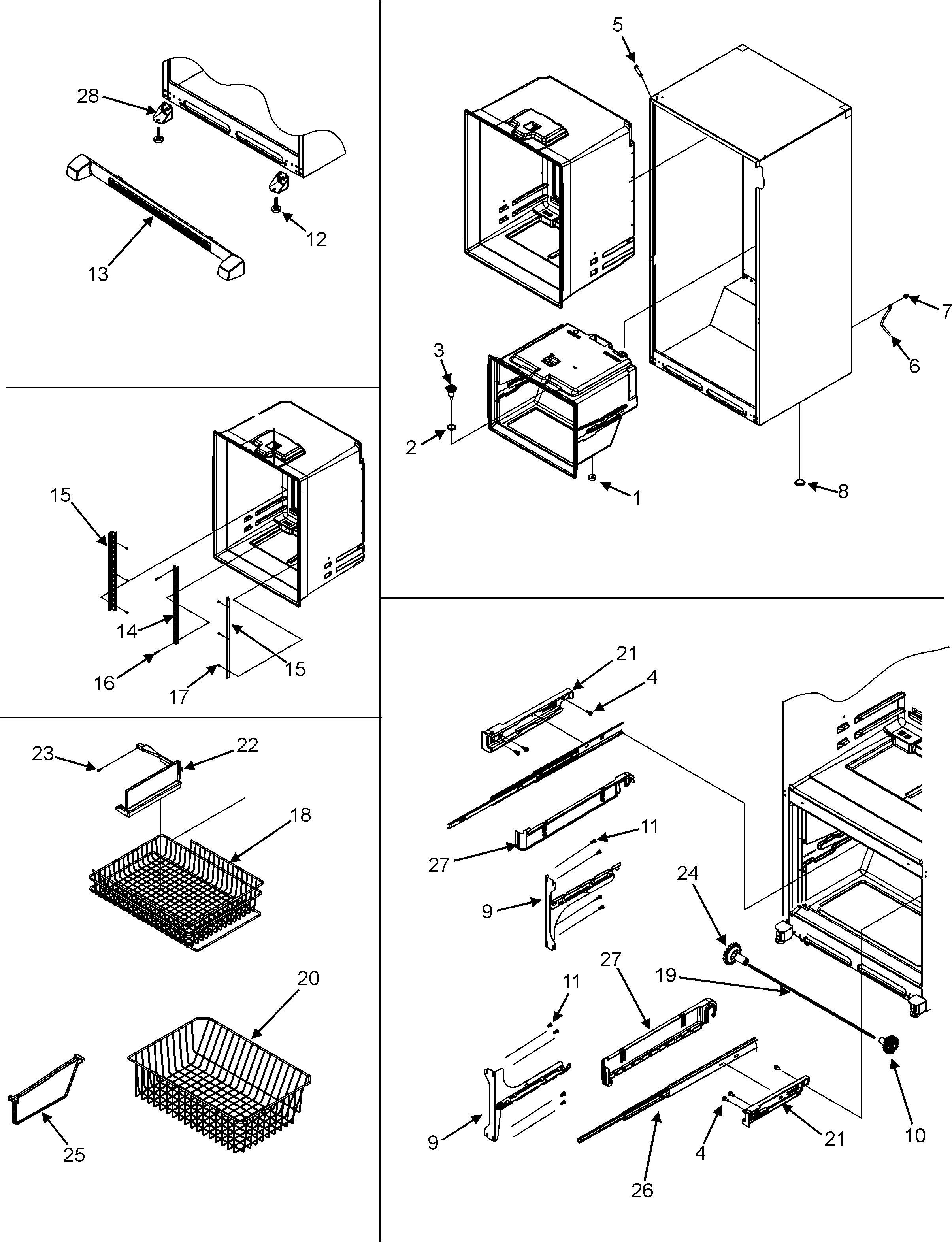 Dacor EF36RNDFSS interior cabinet/frz shelves/toe grille diagram