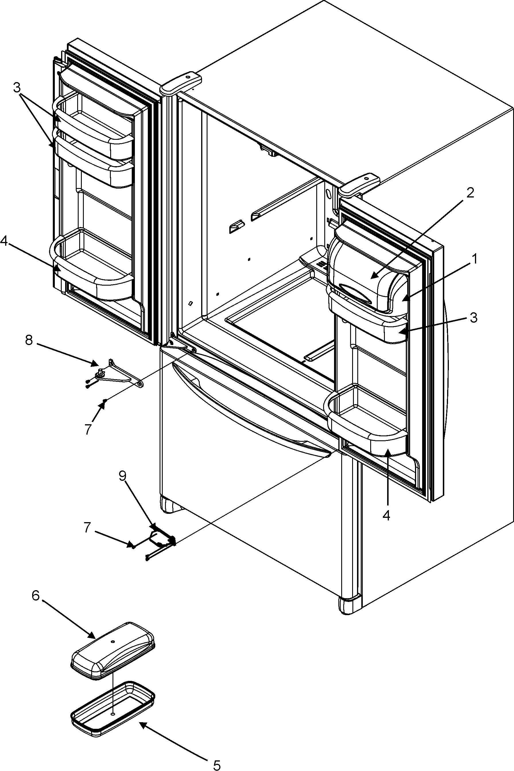 Jenn-Air JFC2070KRS ref dr storage & center hinges diagram