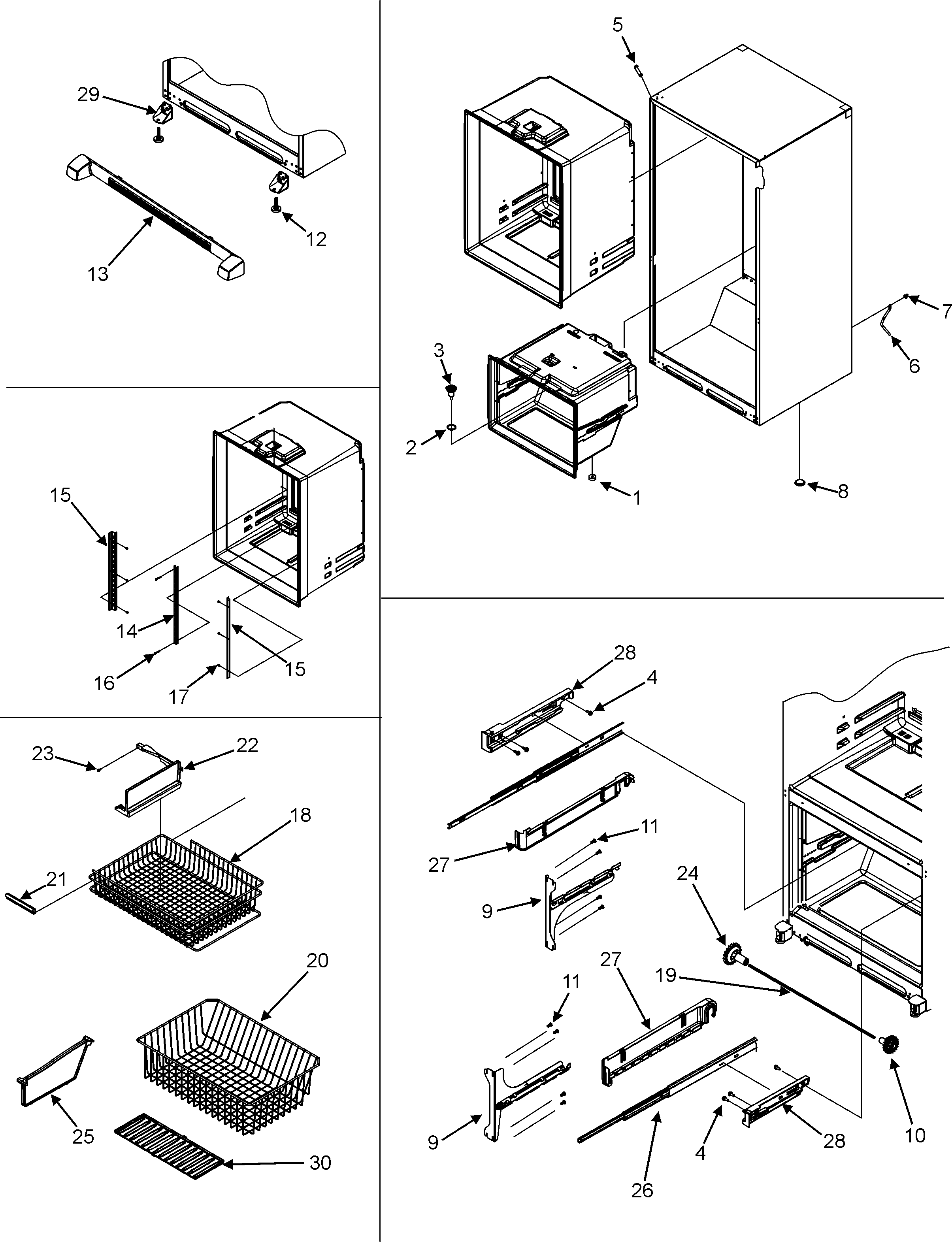 Jenn-Air JFC2070KRS interior cabinet/frz shelves/toe grille diagram