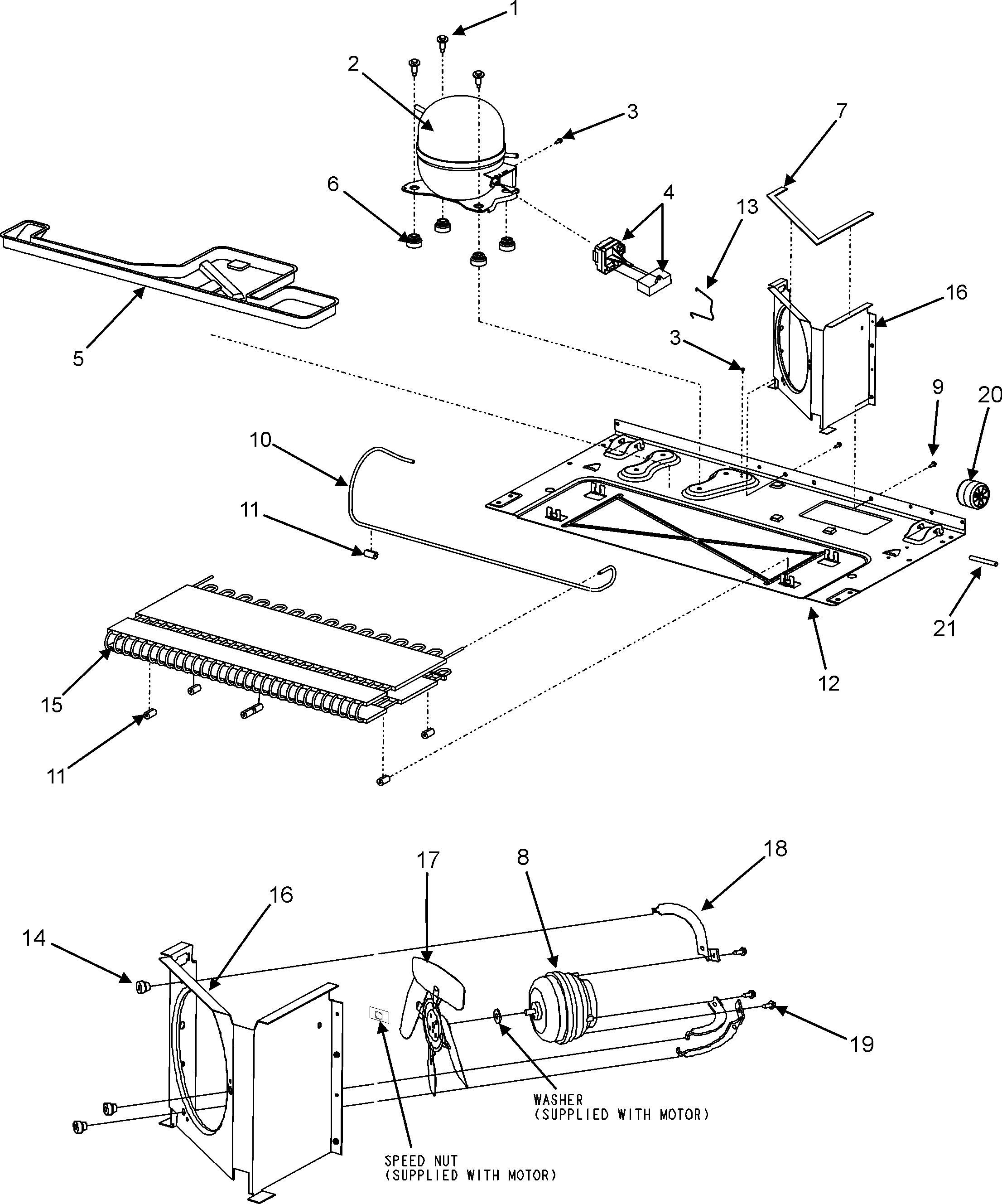 Magic Chef CSD2610KRW compressor/cond motor/rear rollers diagram