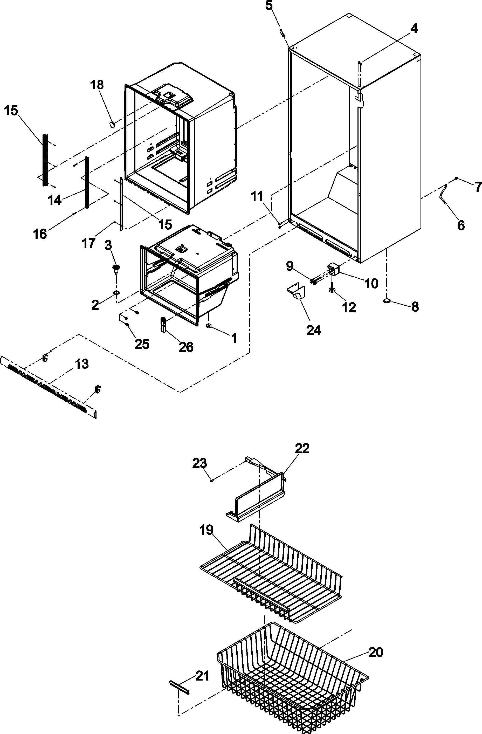Kenmore 59675239401 interior cabinet & freezer shelving diagram