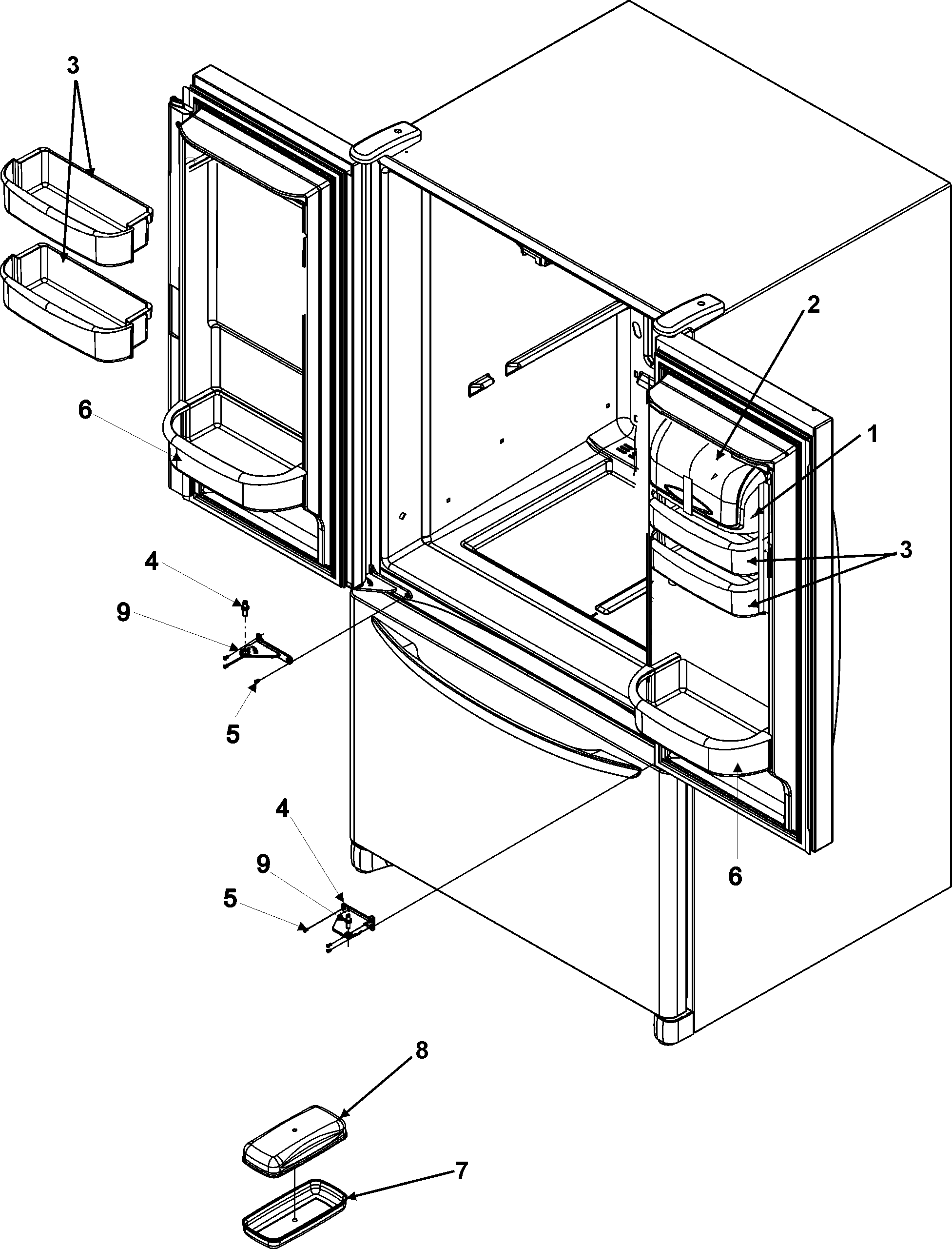 Amana AFC2033DRS ref dr storage & center hinges diagram