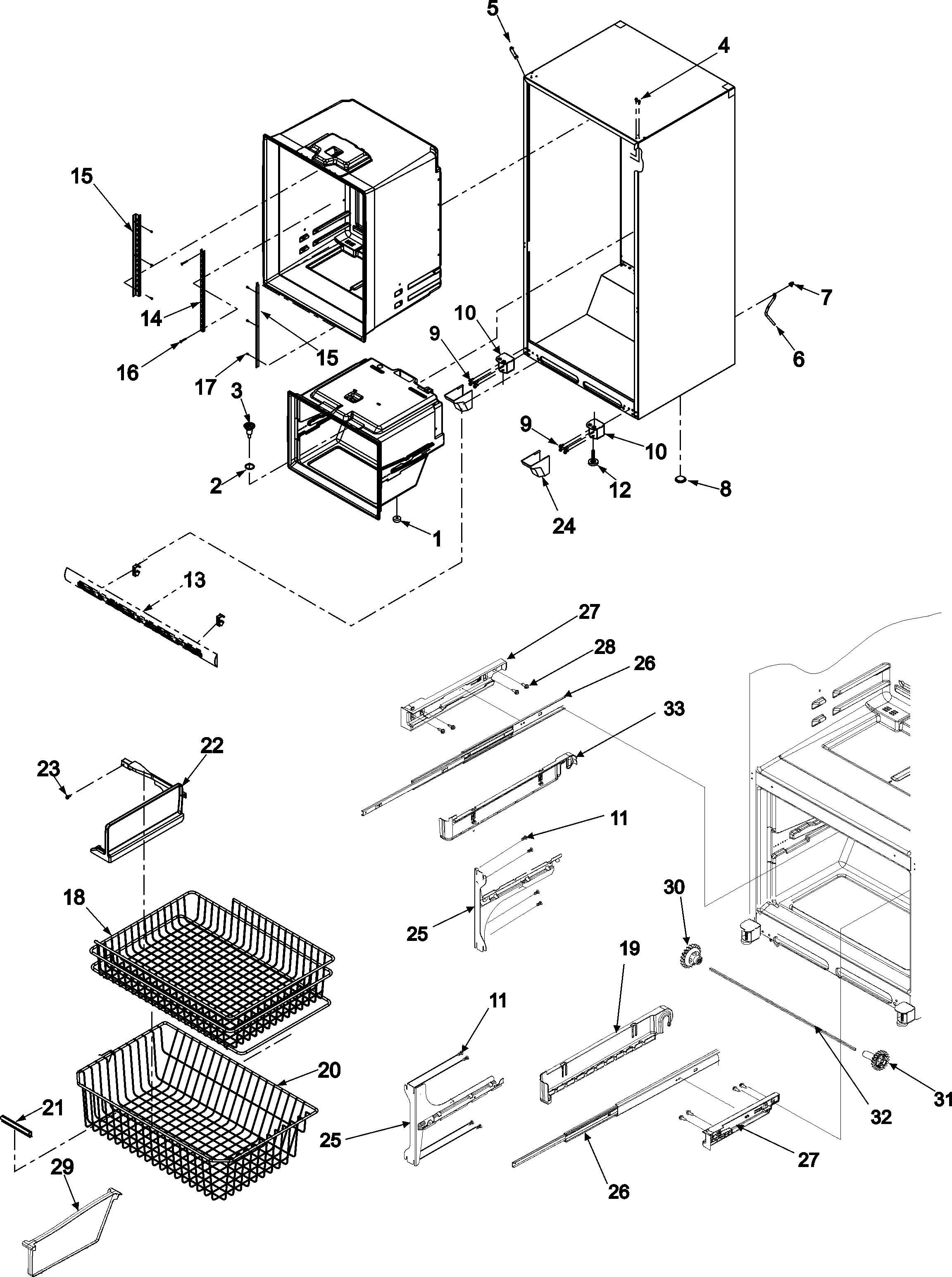 Amana AFC2033DRS interior cabinet & freezer shelving diagram