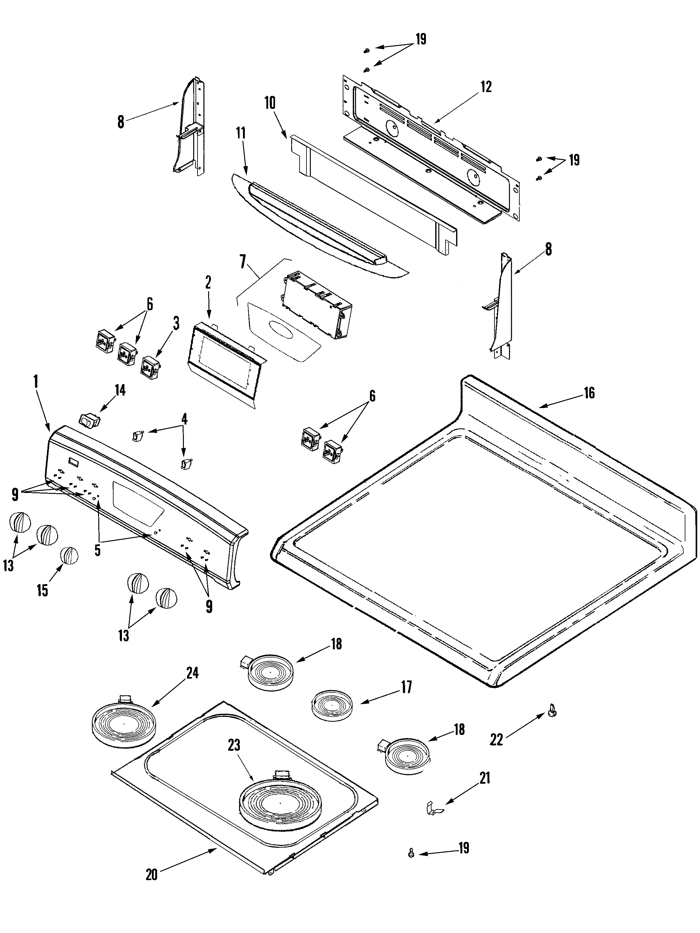 Amana AER5845RAW control panel/top assembly diagram
