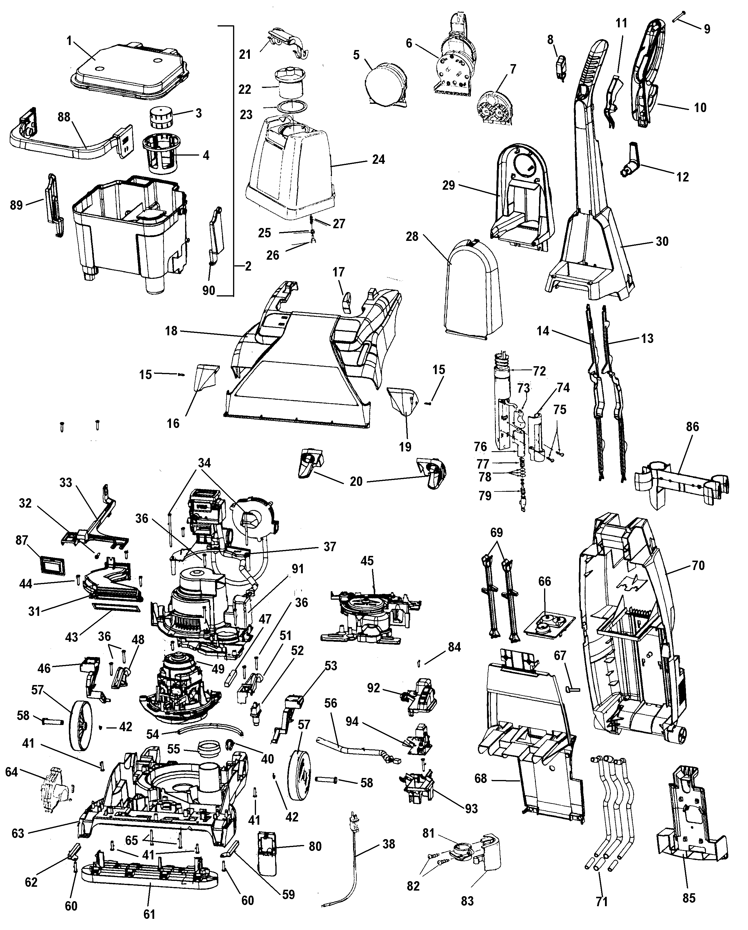 Hoover F6055-900 motor, handle, tank, mainbody, hood diagram