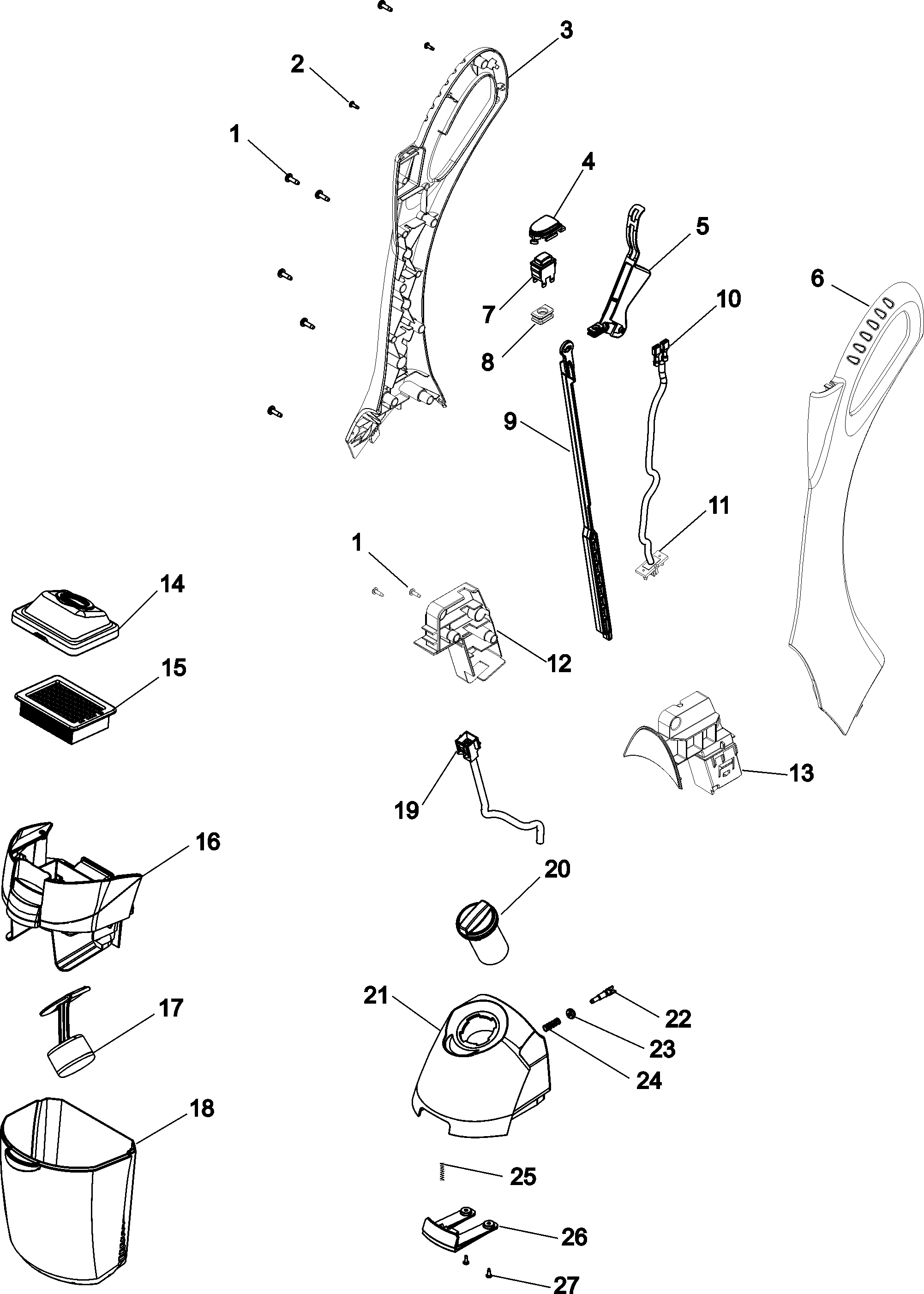 Hoover H2850-050 handle and tanks diagram