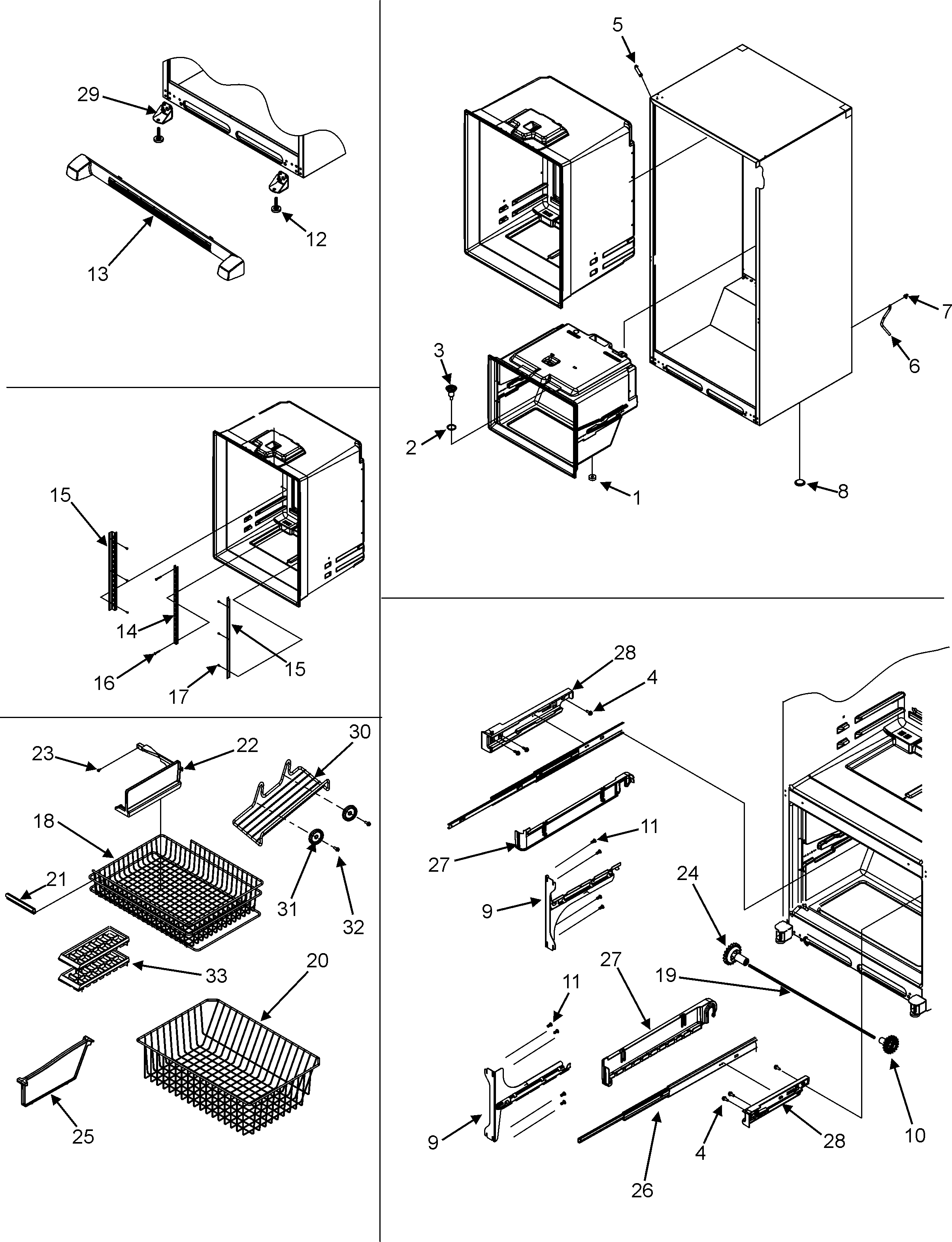 Amana GB2526LEKS interior cabinet/frz shelves/toe grille diagram