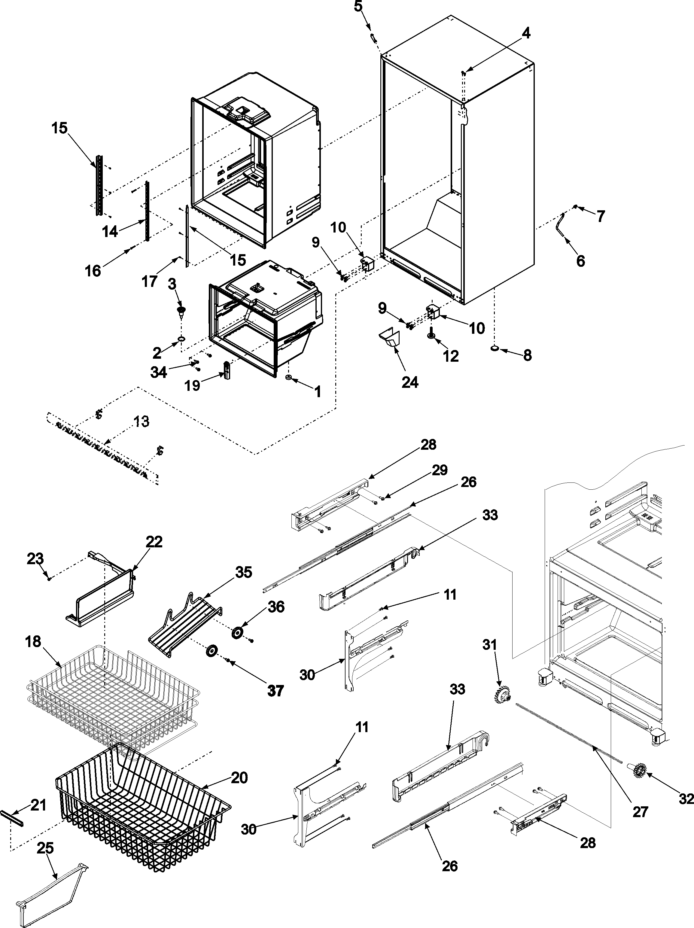 Amana ABB2227DEW interior cabinet & freezer shelving diagram