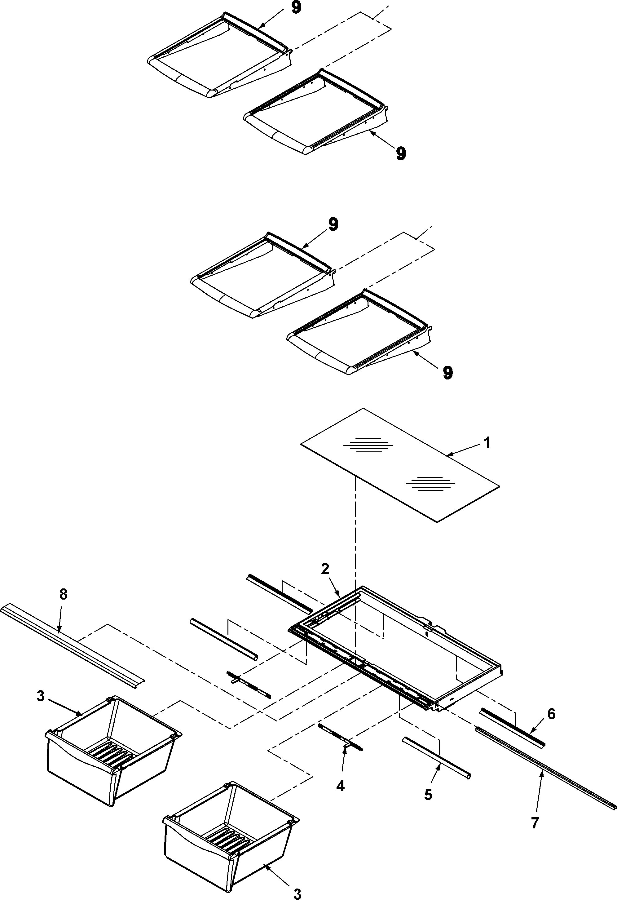 Gaggenau RY4951 refrigerator shelves & crisper assy diagram