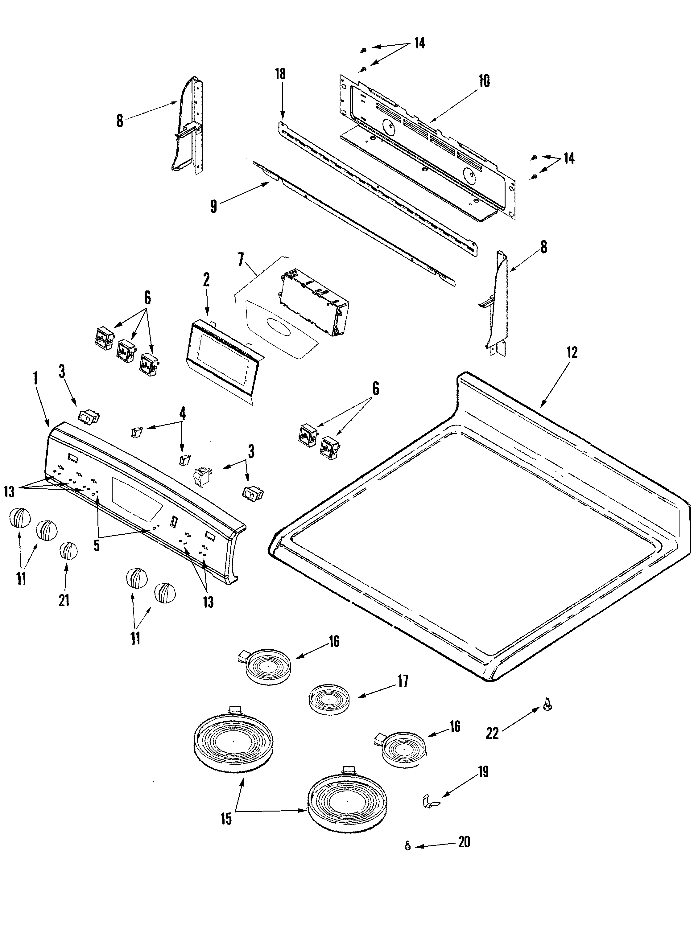 Amana AER5722BAS control panel/top assembly diagram
