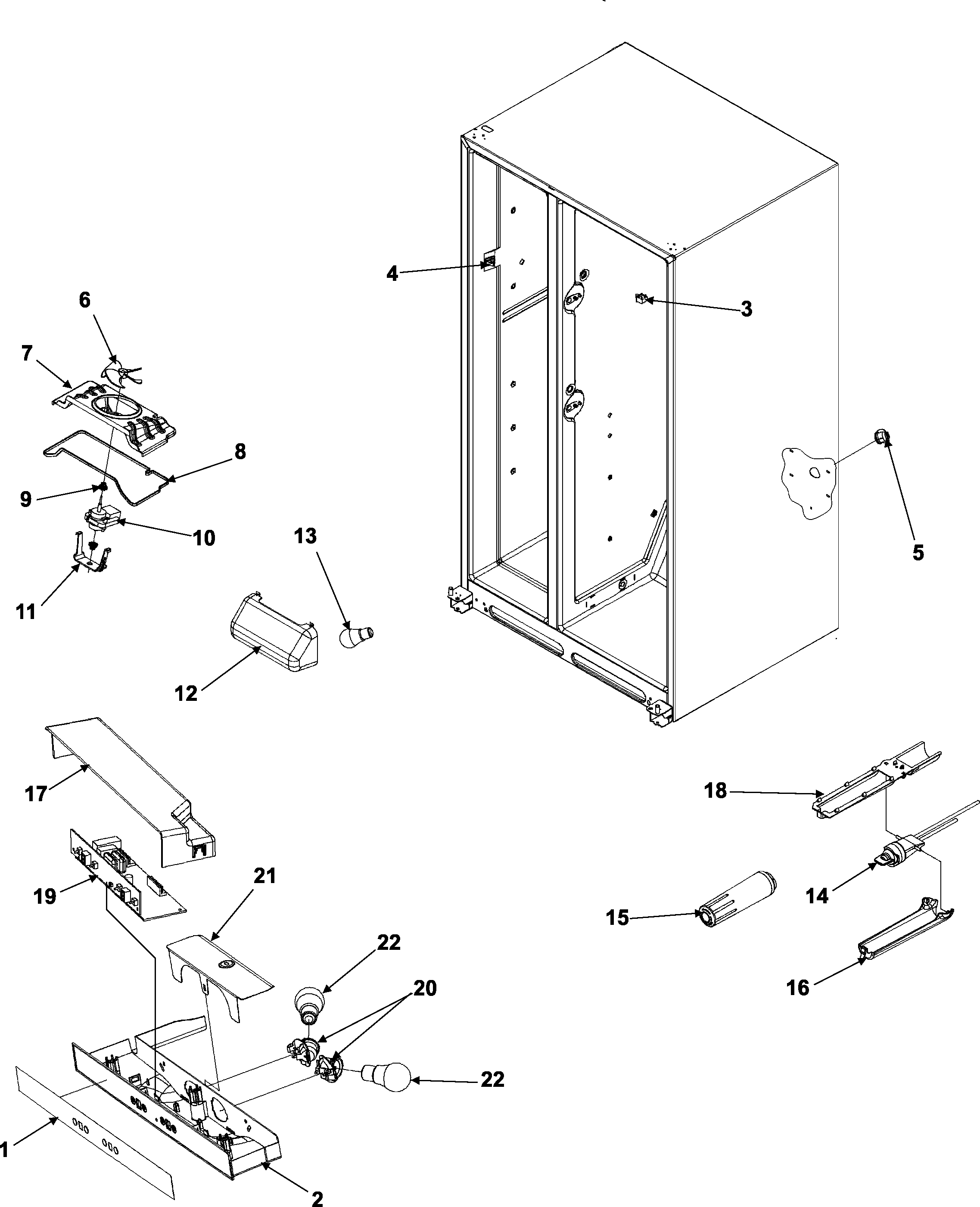 Amana ASD2627KEB evap fan assy and controls diagram