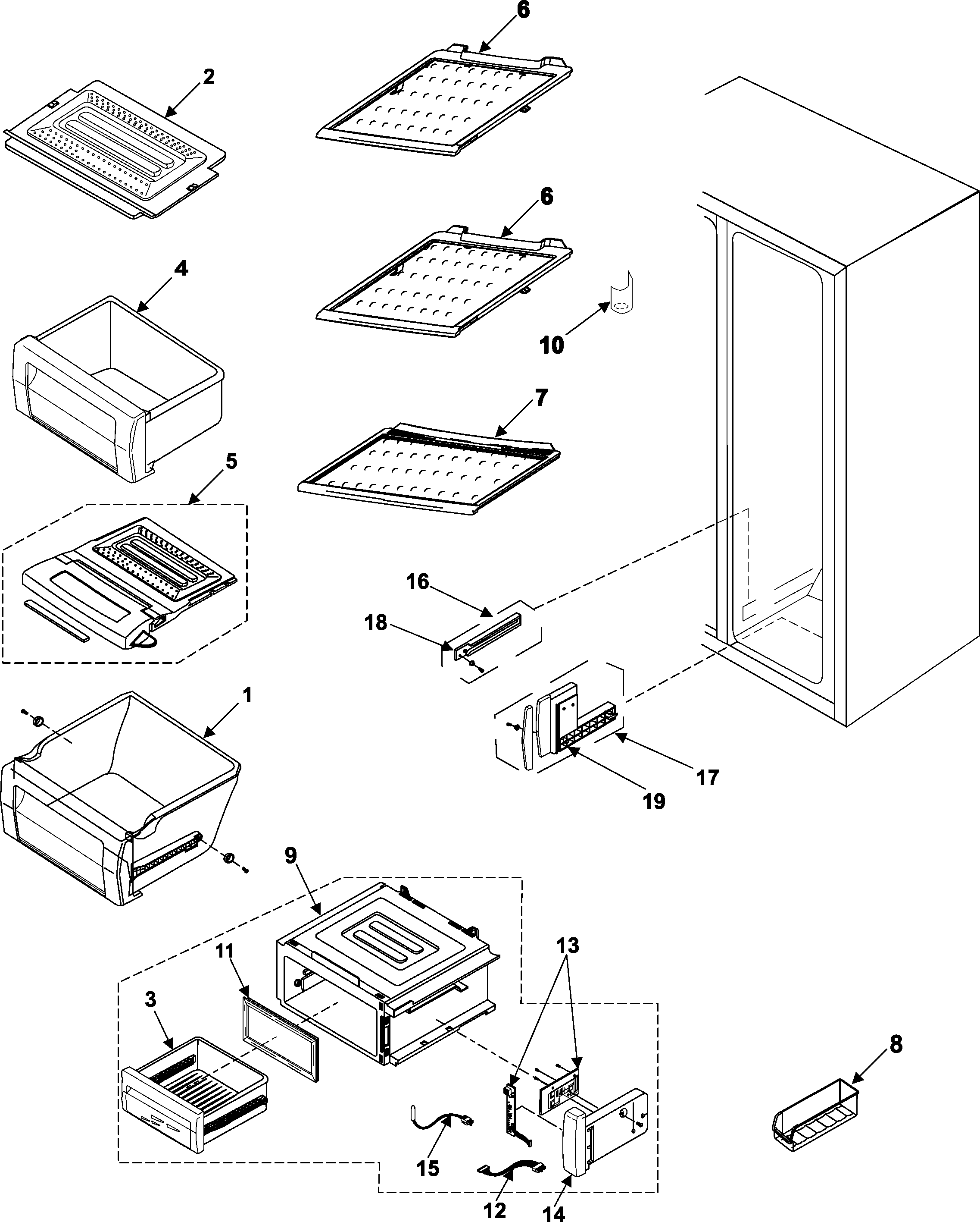 Samsung RS257BARB/XAA refrigerator shelves diagram