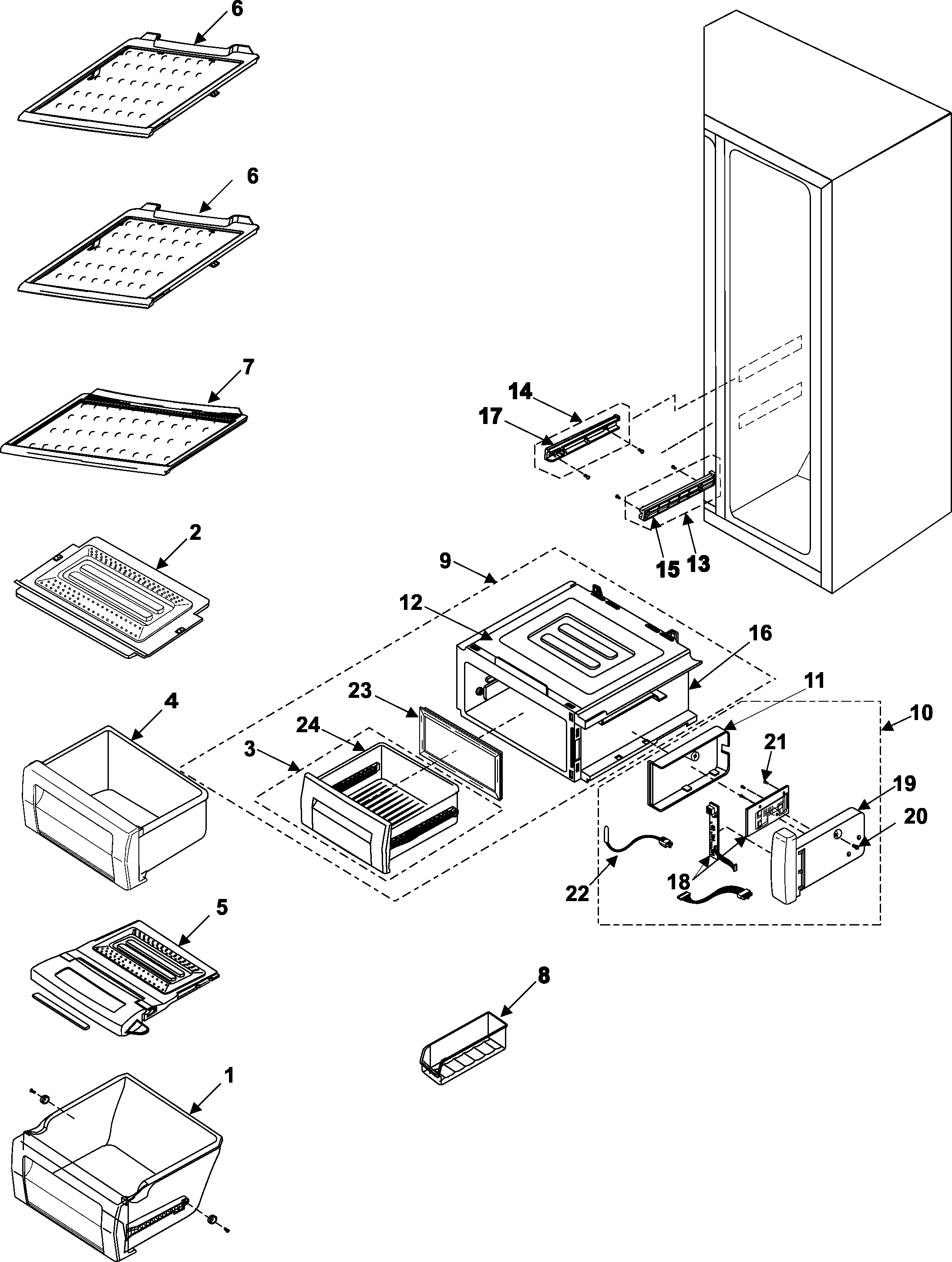 Samsung RS255BASB/XAA refrigerator shelves diagram