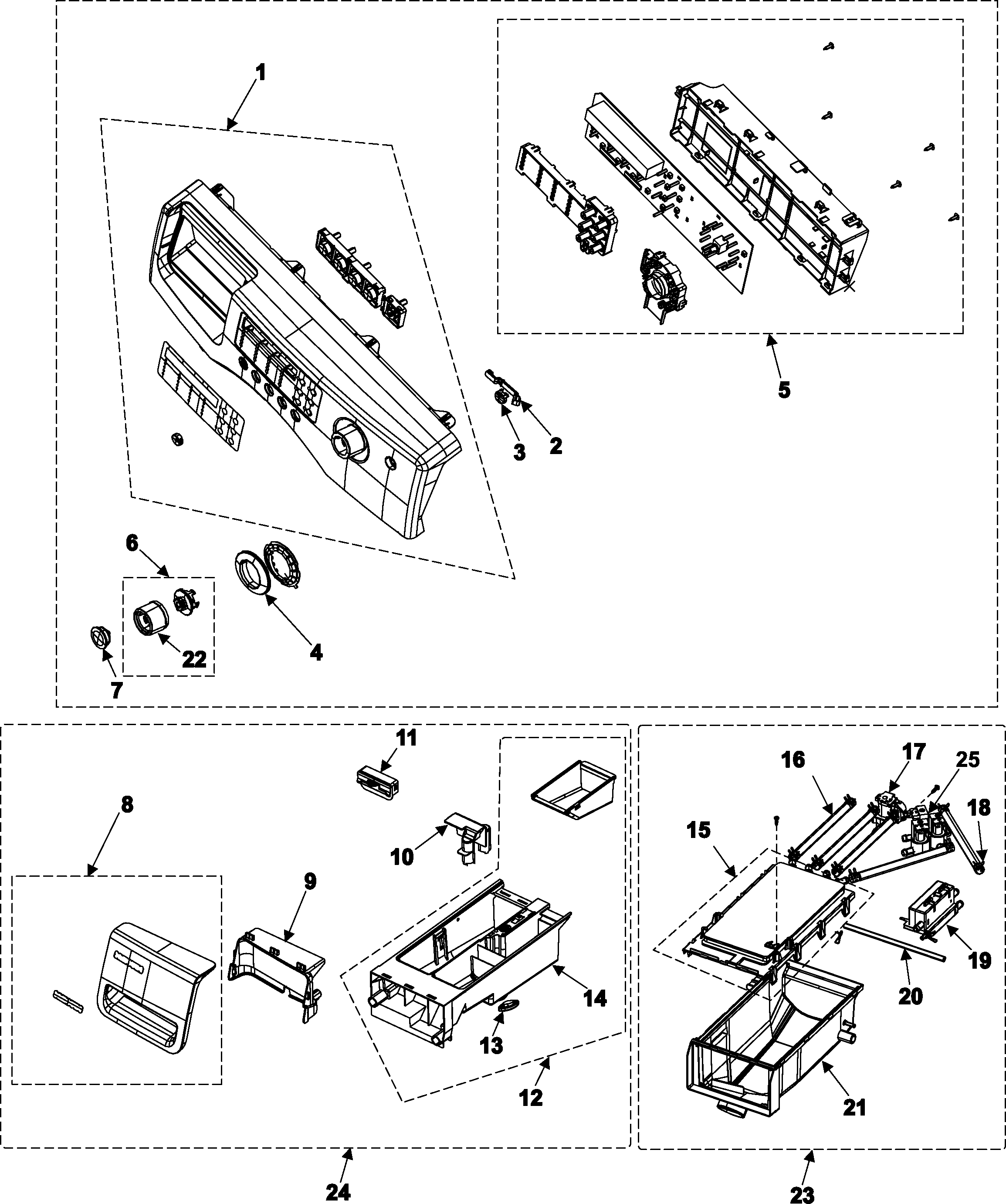 Samsung WF316BAC/XAA control panel/housing-drawer diagram