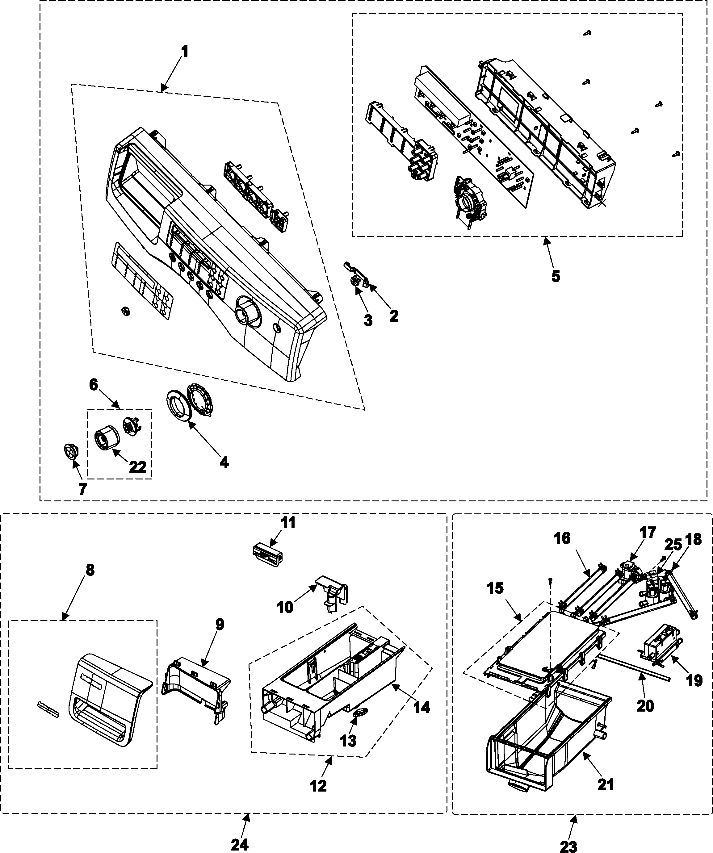 Samsung WF306BHW/XAA control panel/housing-drawer diagram