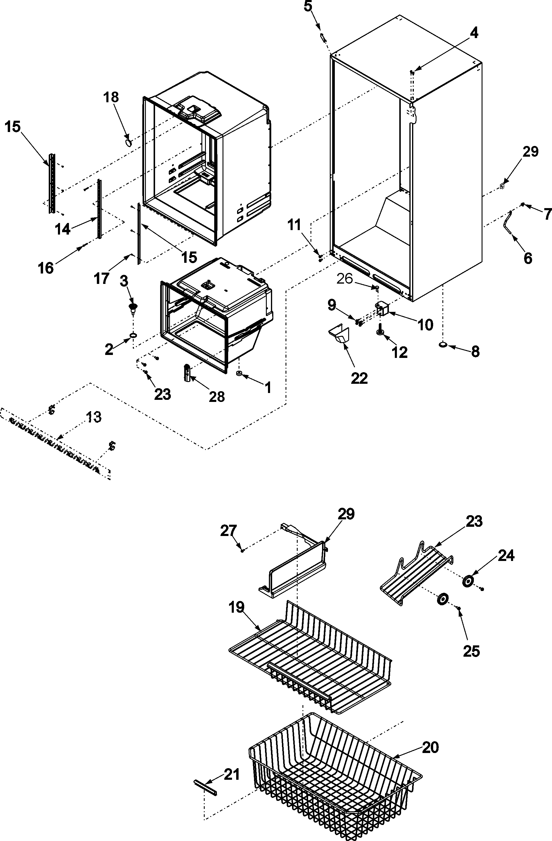 Amana ABB222ZDEB interior cabinet & freezer shelving diagram