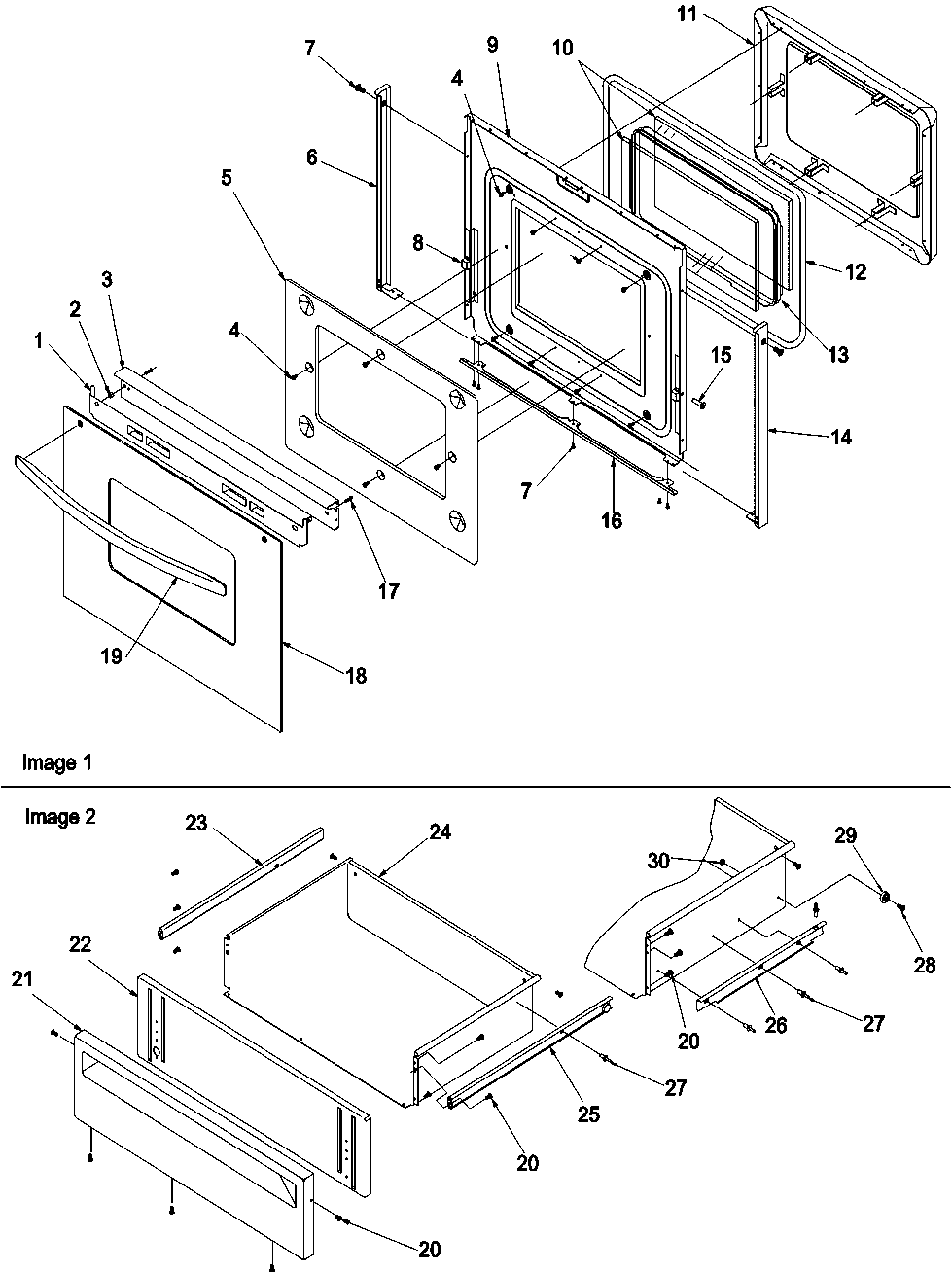Amana ZRTSC8650E-P1130690NE oven door & storage drawer diagram