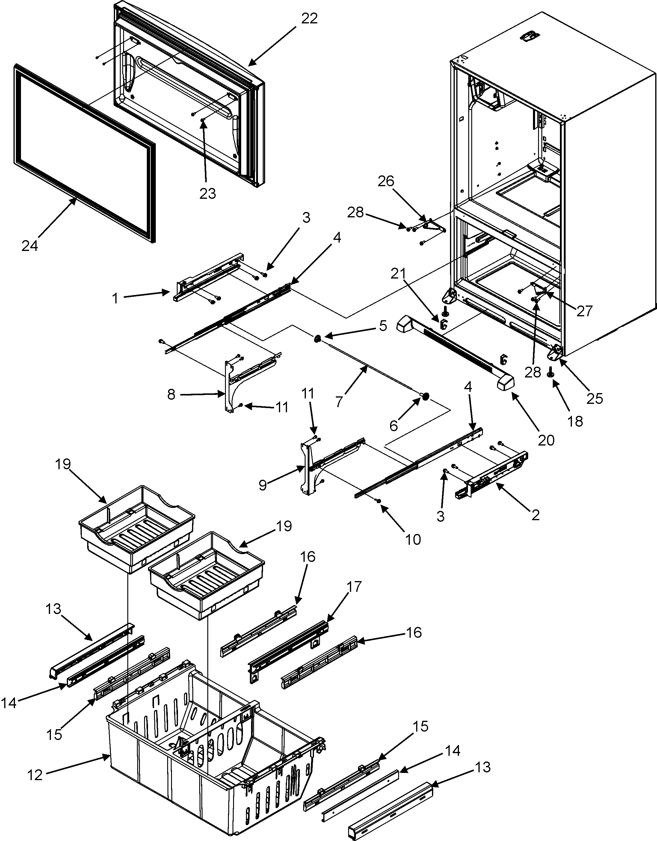 Amana AFI2538AEW frz door/drawer/toe grille/ctr hinge diagram