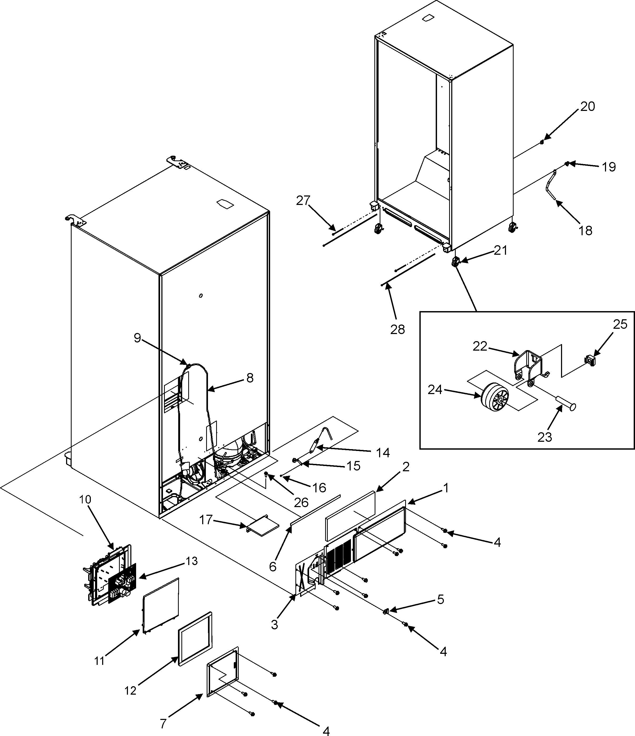 Maytag MFI2067AES cabinet back/rollers diagram