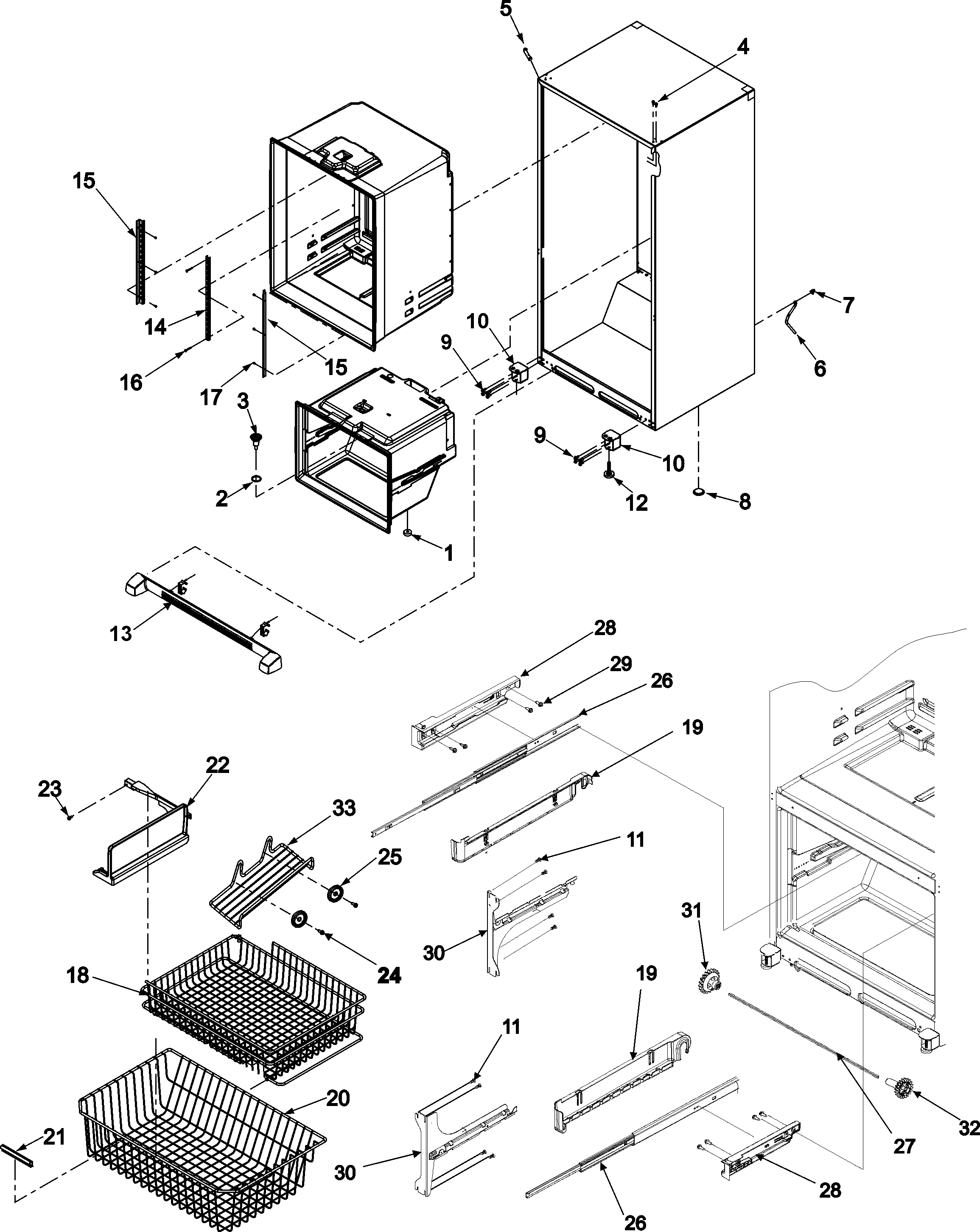 Kenmore 59667952600 interior cabinet & freezer shelving diagram