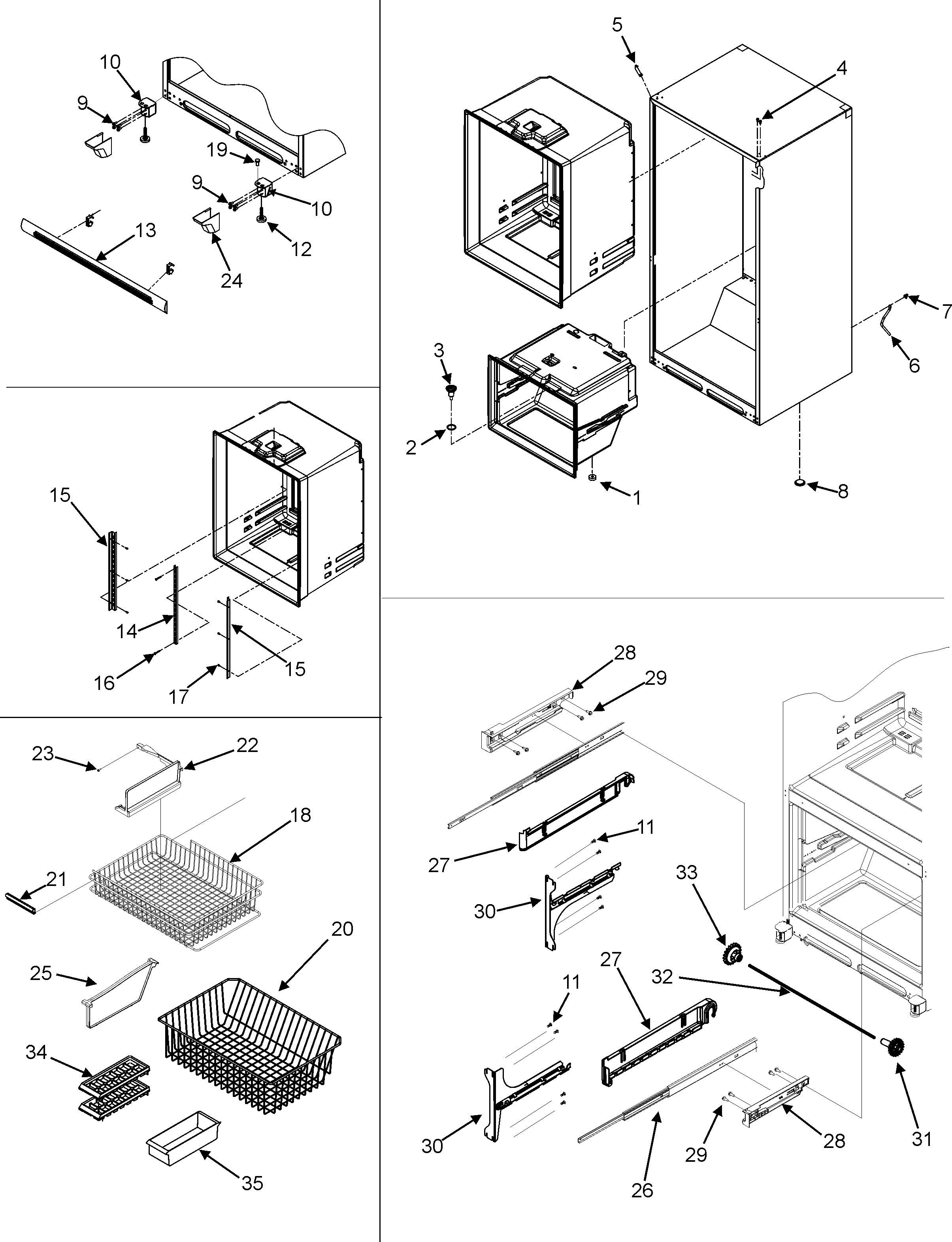Crosley CB19G7W interior cabinet/toe grille/frz shelves diagram