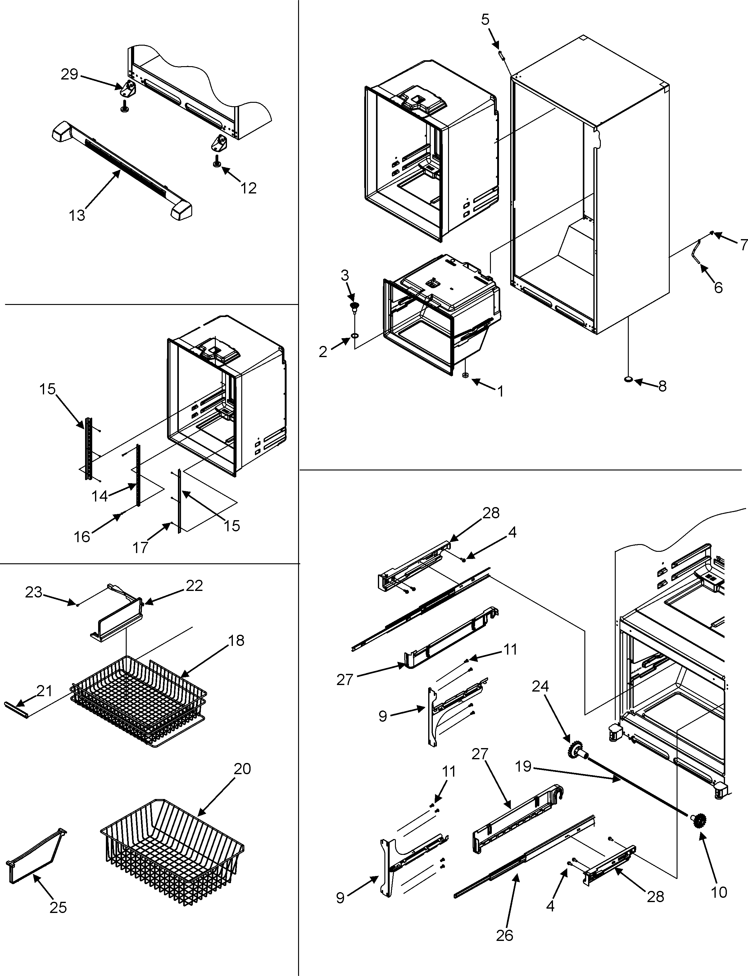 Maytag MFF2557KES interior cabinet/toe grille/frz shelves diagram