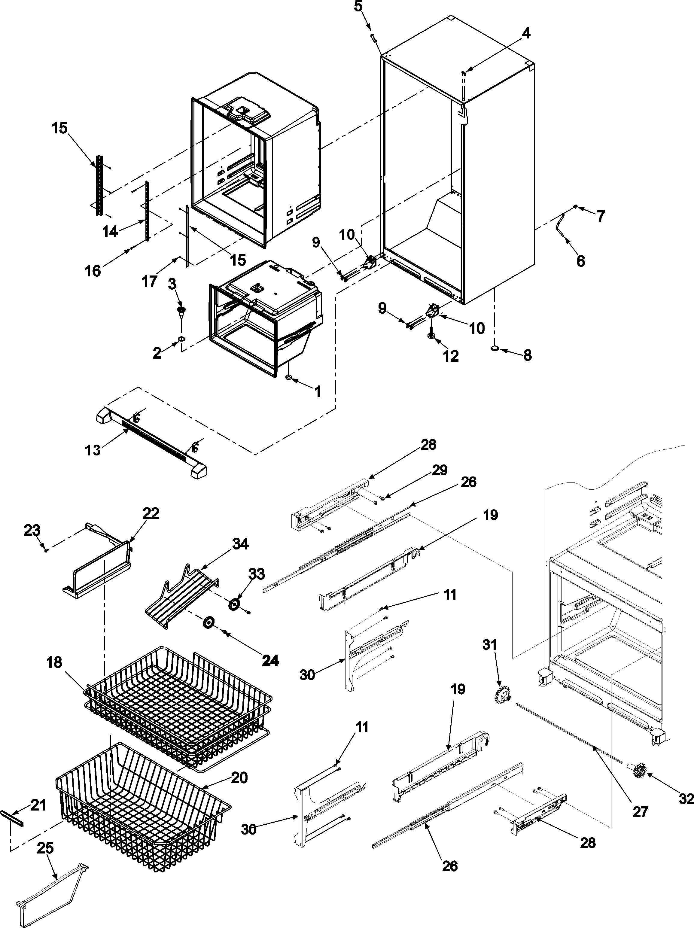 Amana ABR2222FES0 interior cabinet & freezer shelving diagram
