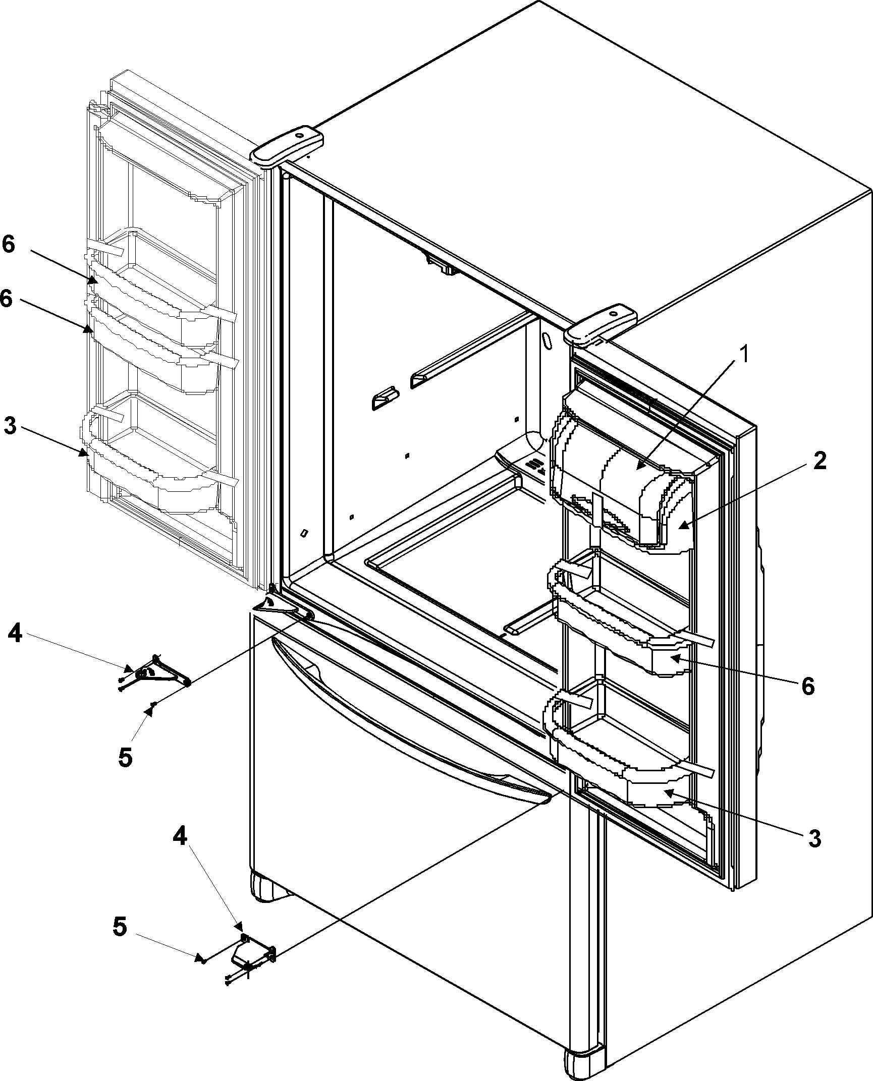 Amana AFF2534FEW0 ref dr storage & center hinges diagram