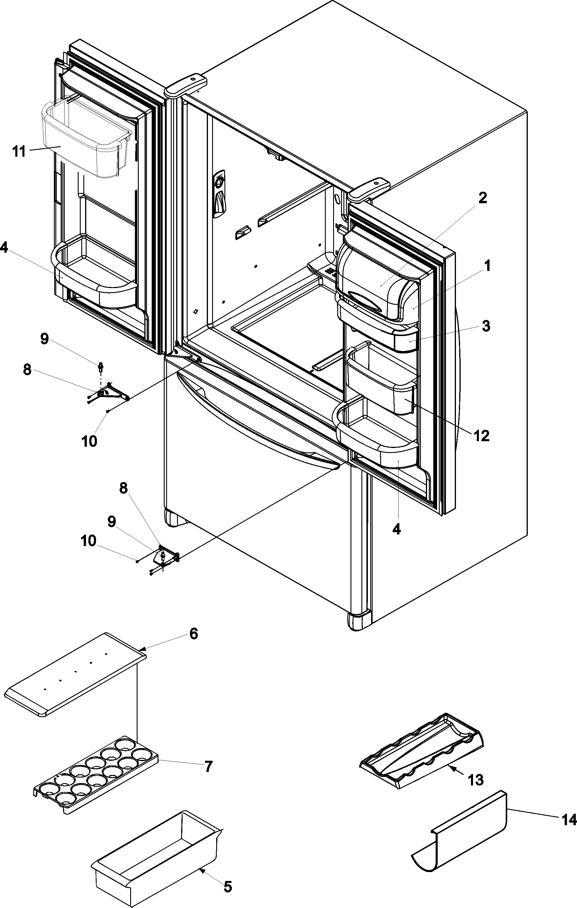 Amana AFD2535DEQ0 ref dr storage & center hinges diagram