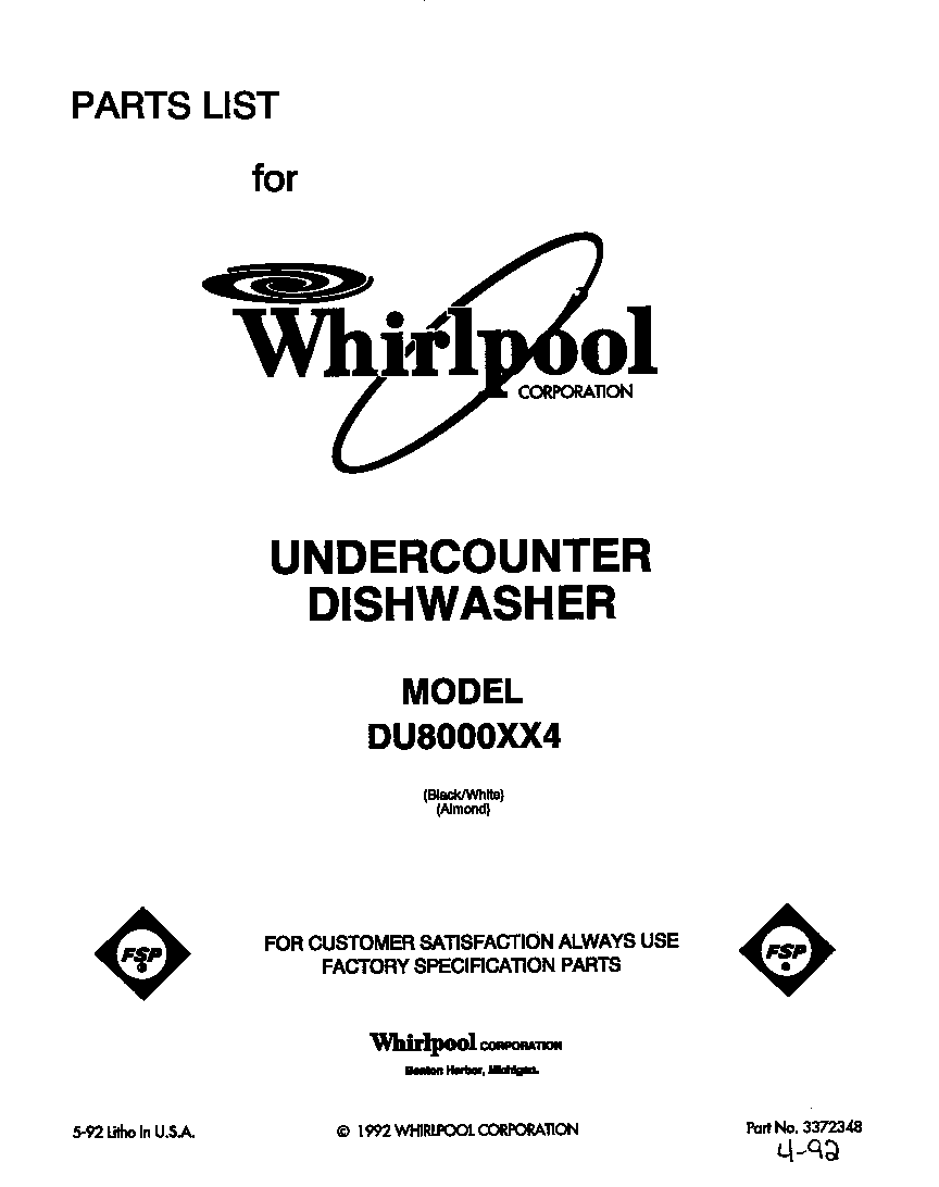 Whirlpool DU8000XX4 front cover diagram