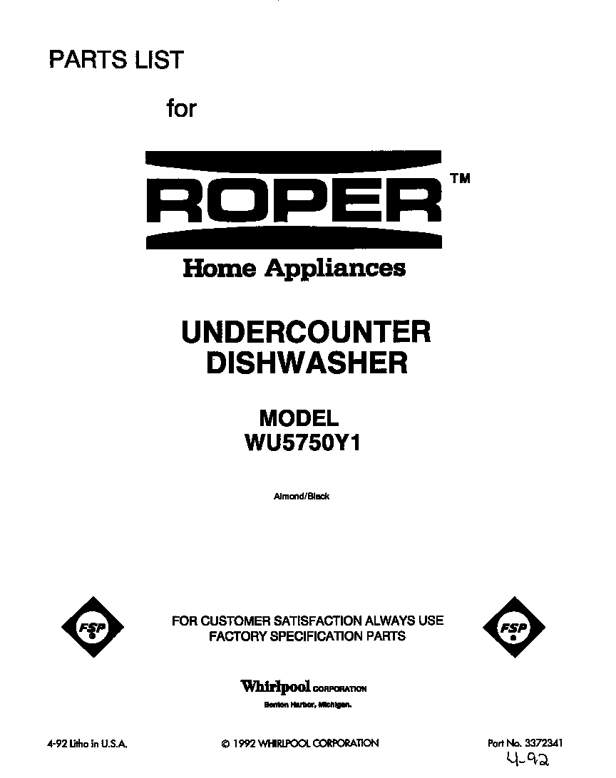 Roper WU5750Y1 front cover diagram