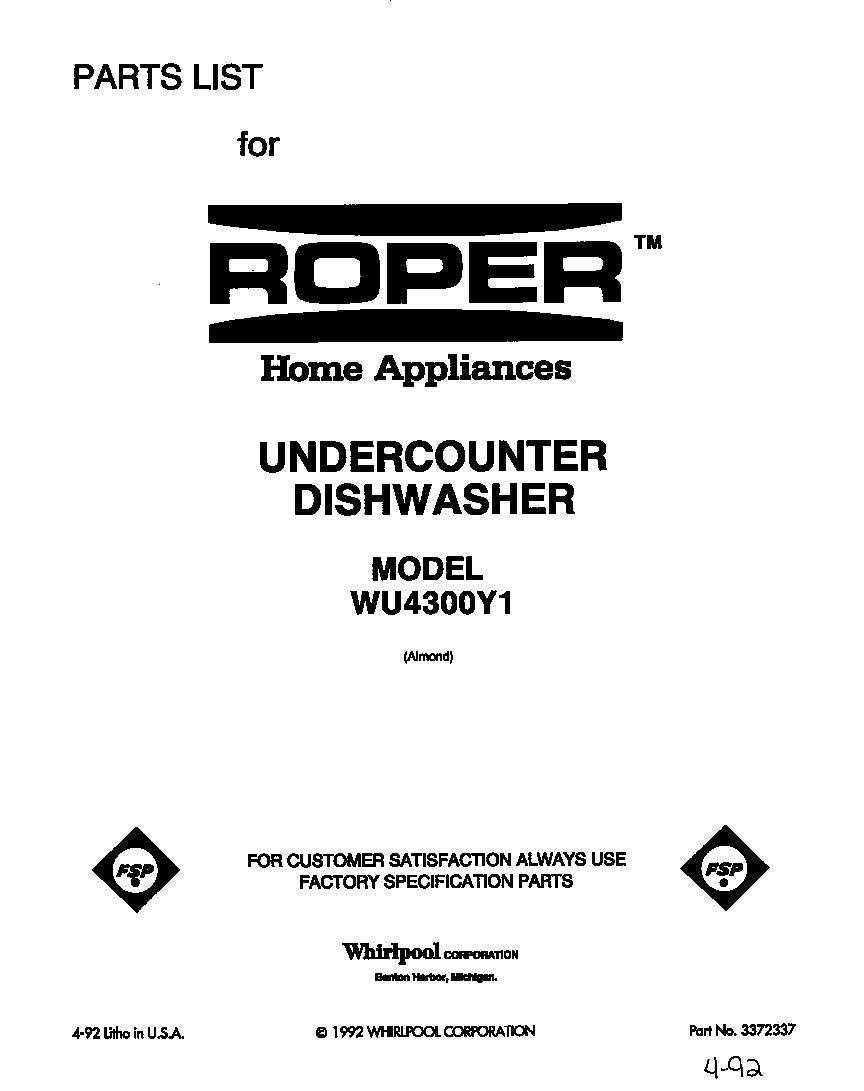 Roper WU4300Y1 front cover diagram