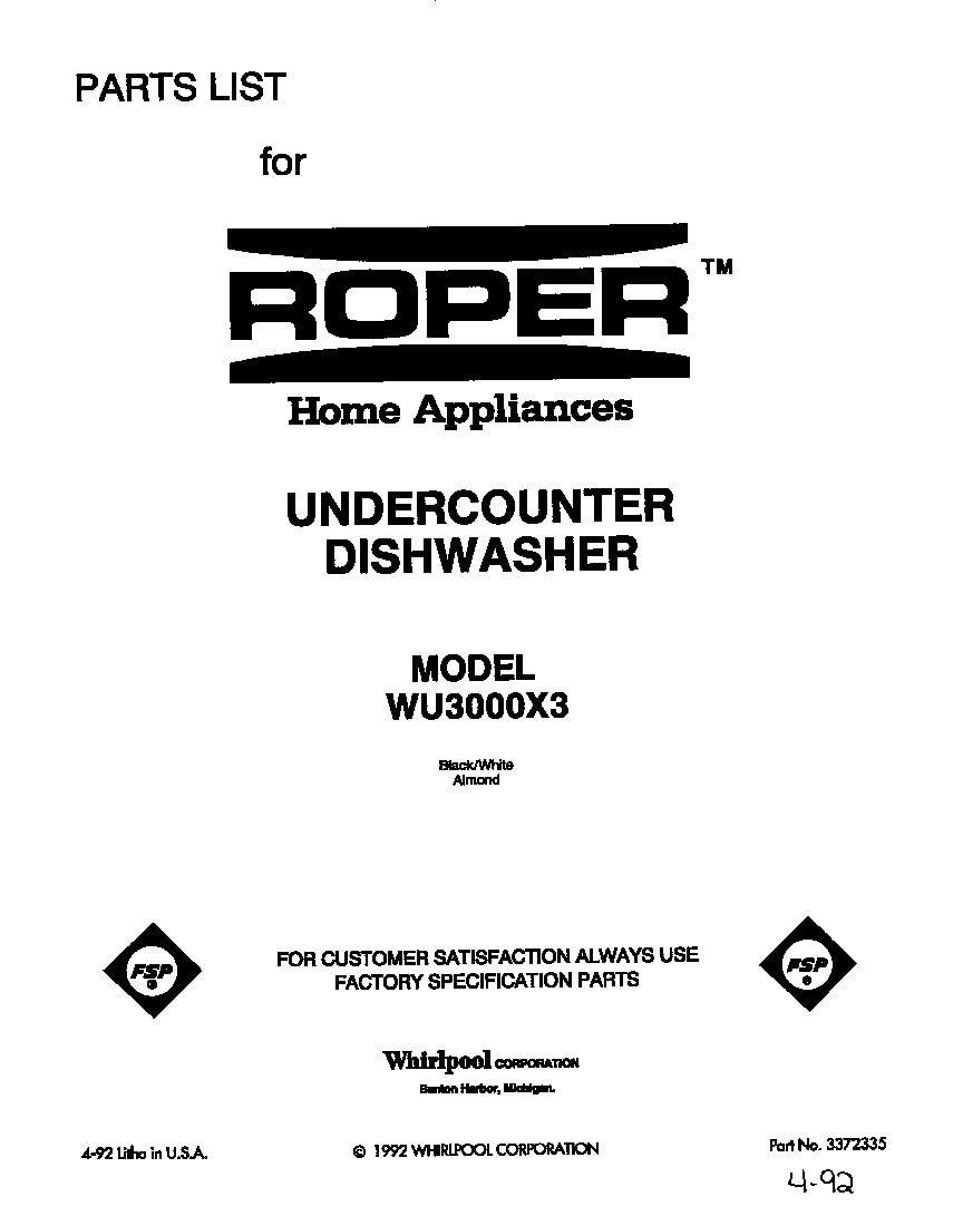 Roper WU3000X3 front cover diagram