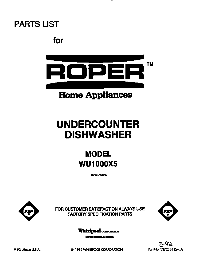 Roper WU1000X5 front cover diagram