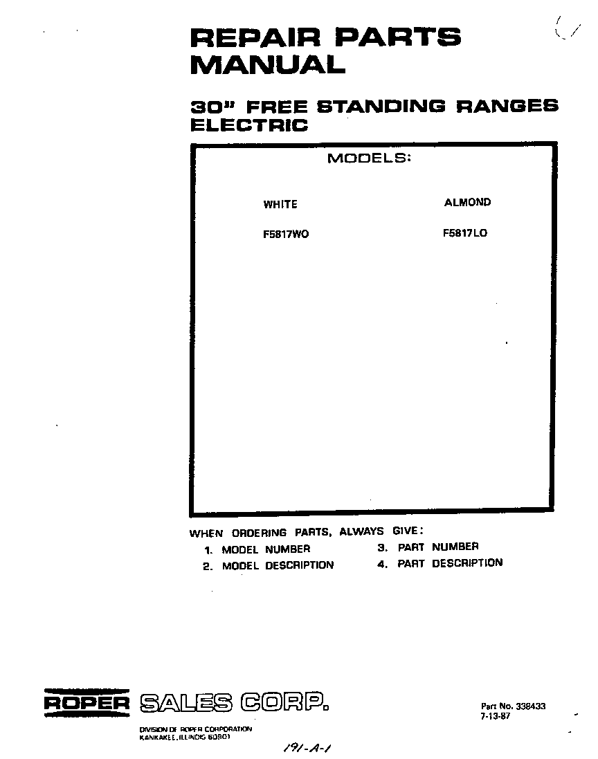 Roper F5817*0 front cover diagram