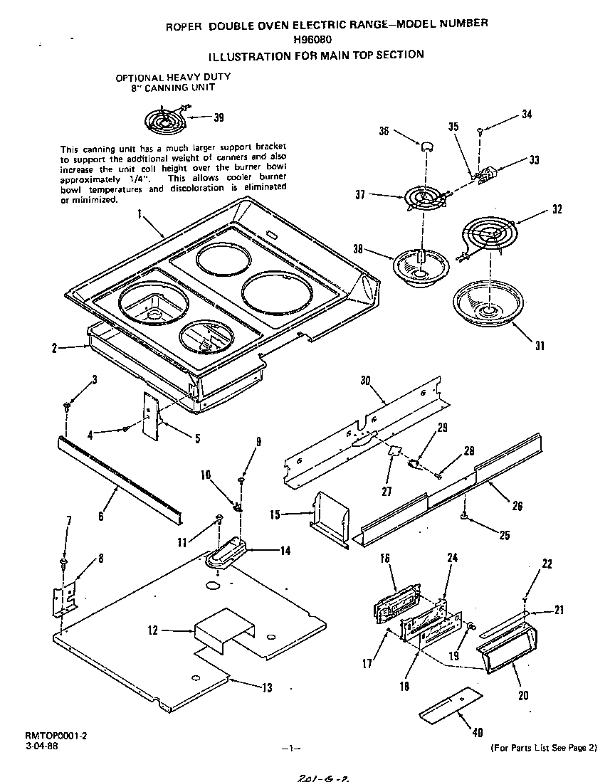 Roper H9608W0 main top diagram