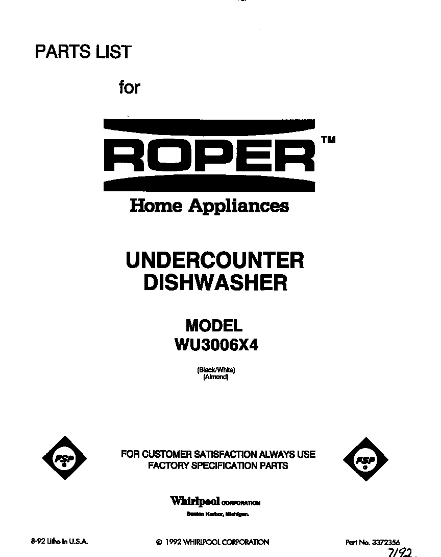 Roper WU3006X4 front cover diagram