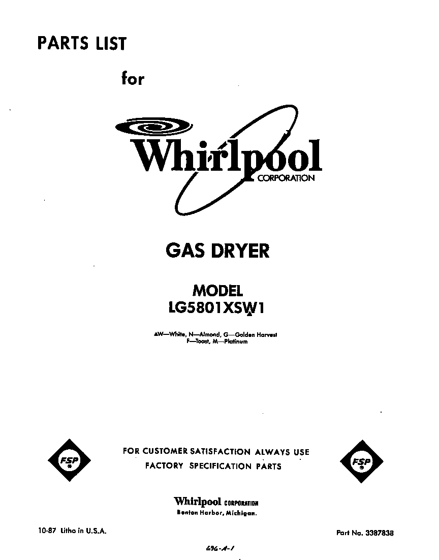 Whirlpool LG5801XSW1 front cover diagram