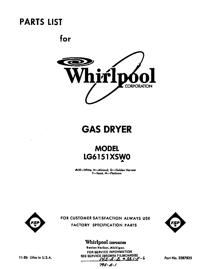 Whirlpool LG6151XSW0 front cover diagram