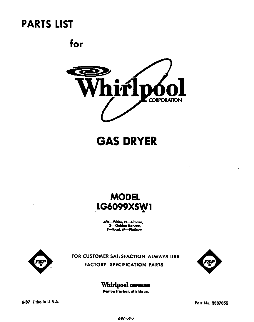 Whirlpool LG6099XSW1 front cover diagram