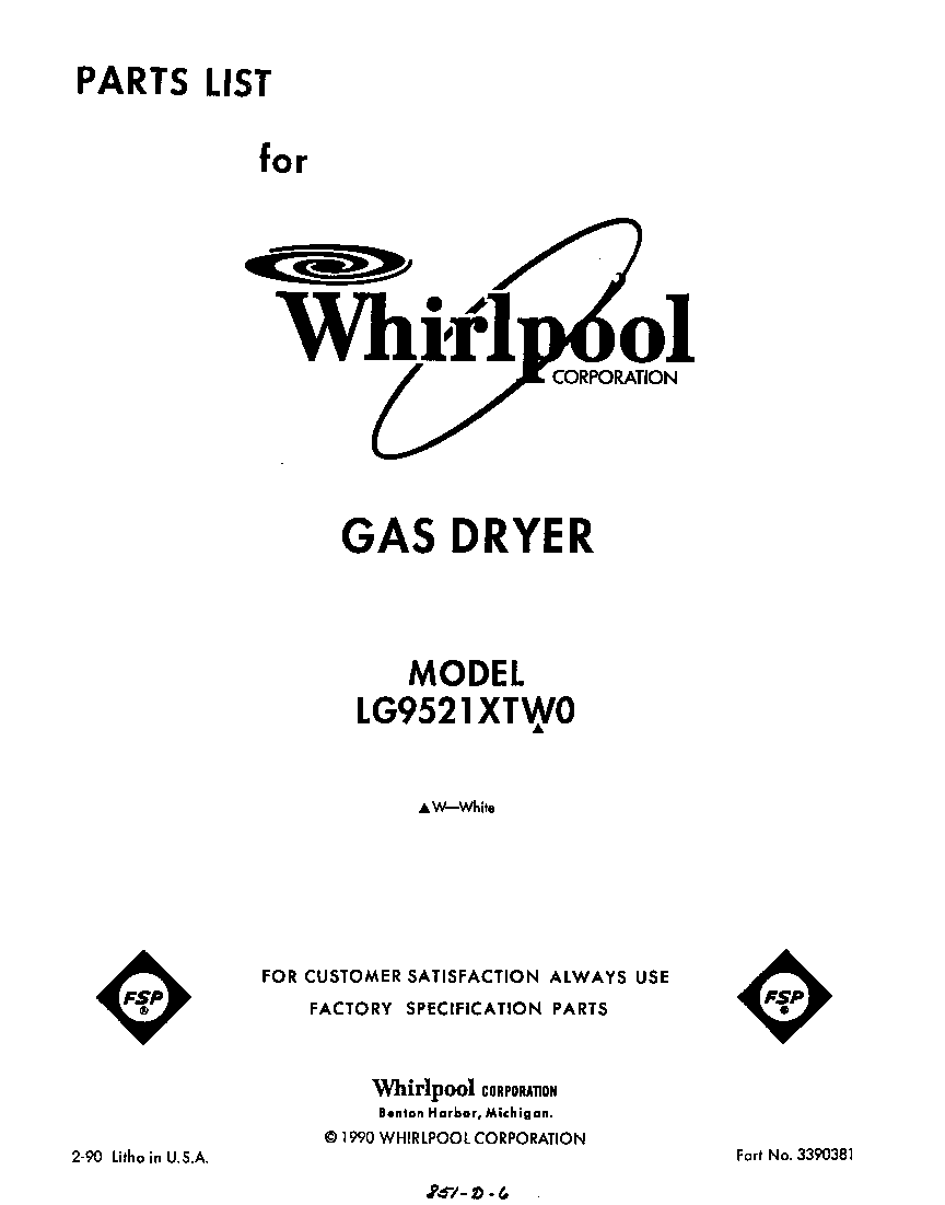 Whirlpool LG9521XTW0 front cover diagram