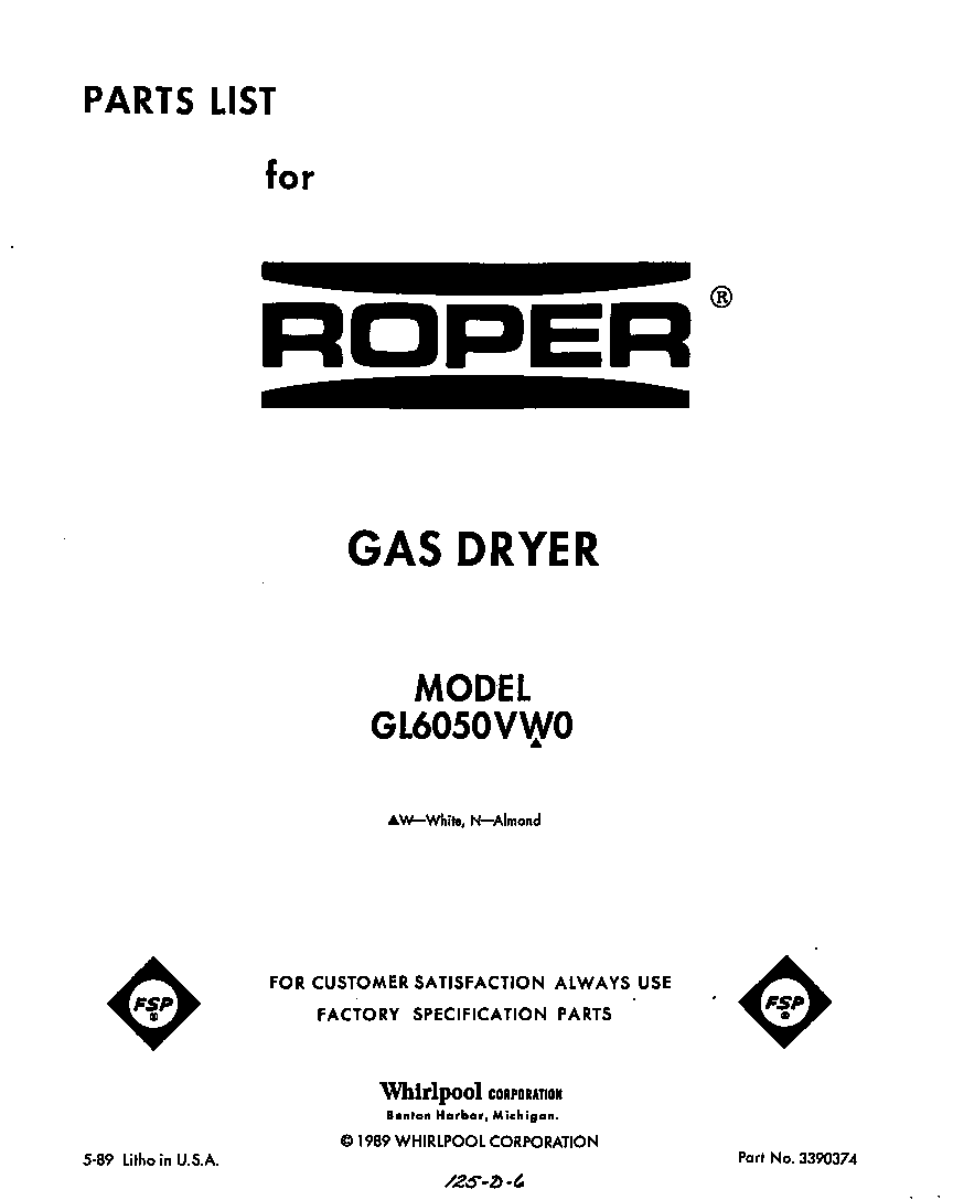Roper GL6050VW0 null diagram