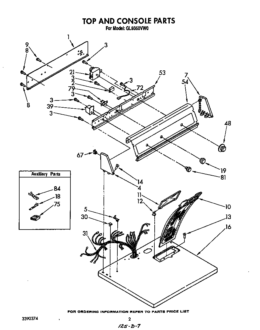 Roper GL6050VW0 top and console diagram