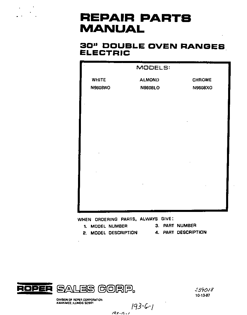 Roper N9608W0 front cover diagram