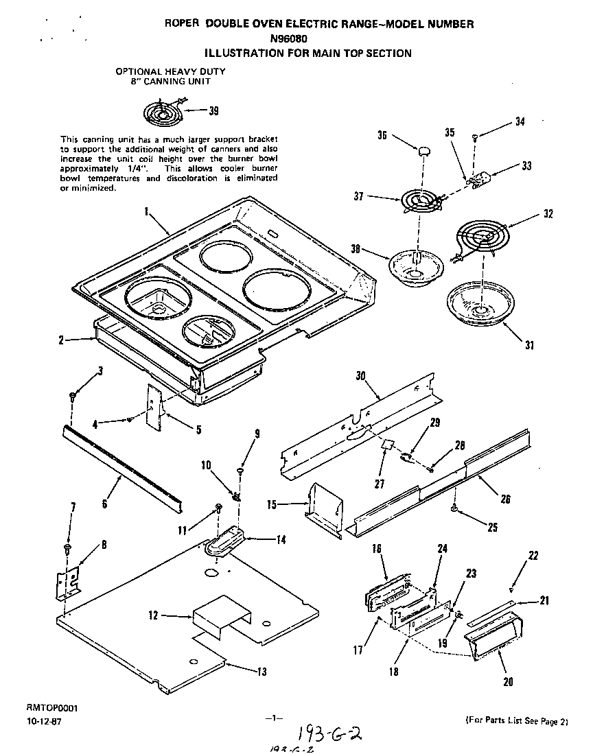 Roper N9608W0 main top diagram