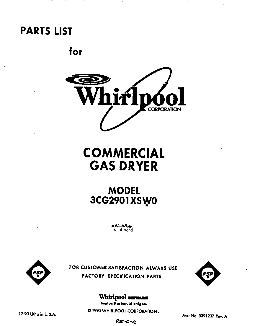 Whirlpool 3CG2901XSW0 front cover diagram