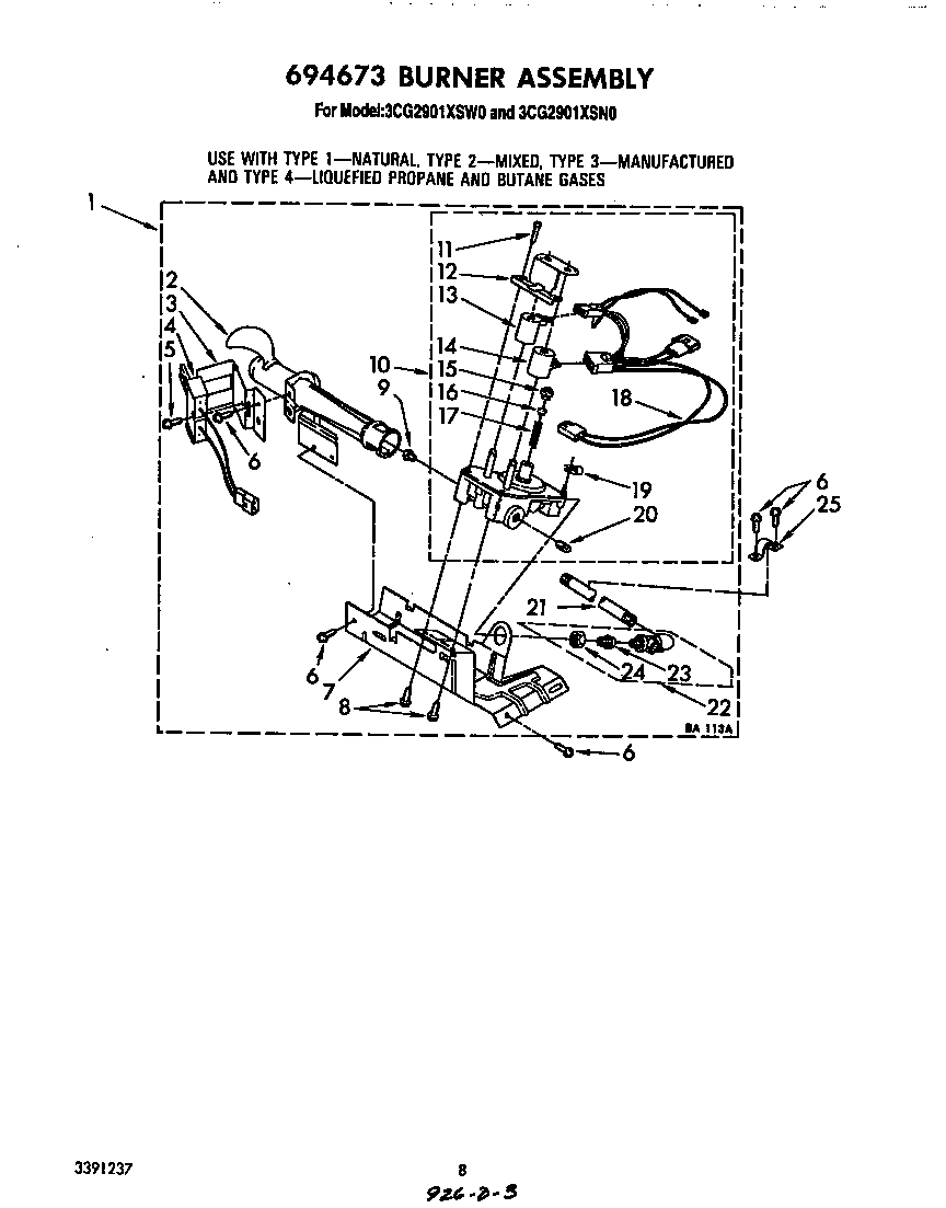 Whirlpool 3CG2901XSW0 694673 burner diagram