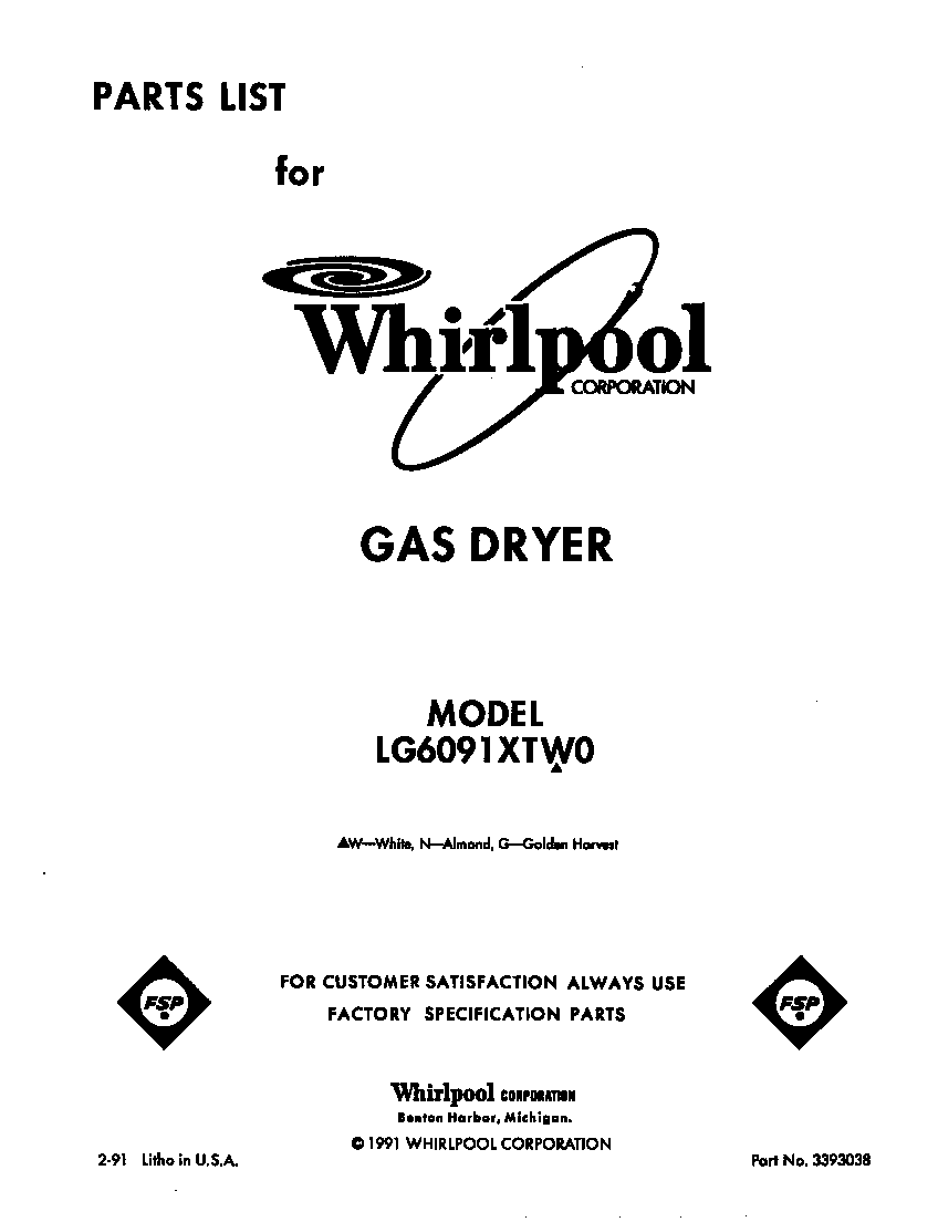 Whirlpool LG6091XTW0 front cover diagram