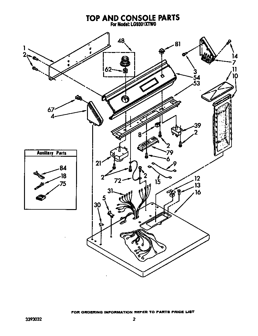 Whirlpool LG9301XTW0 top and console diagram